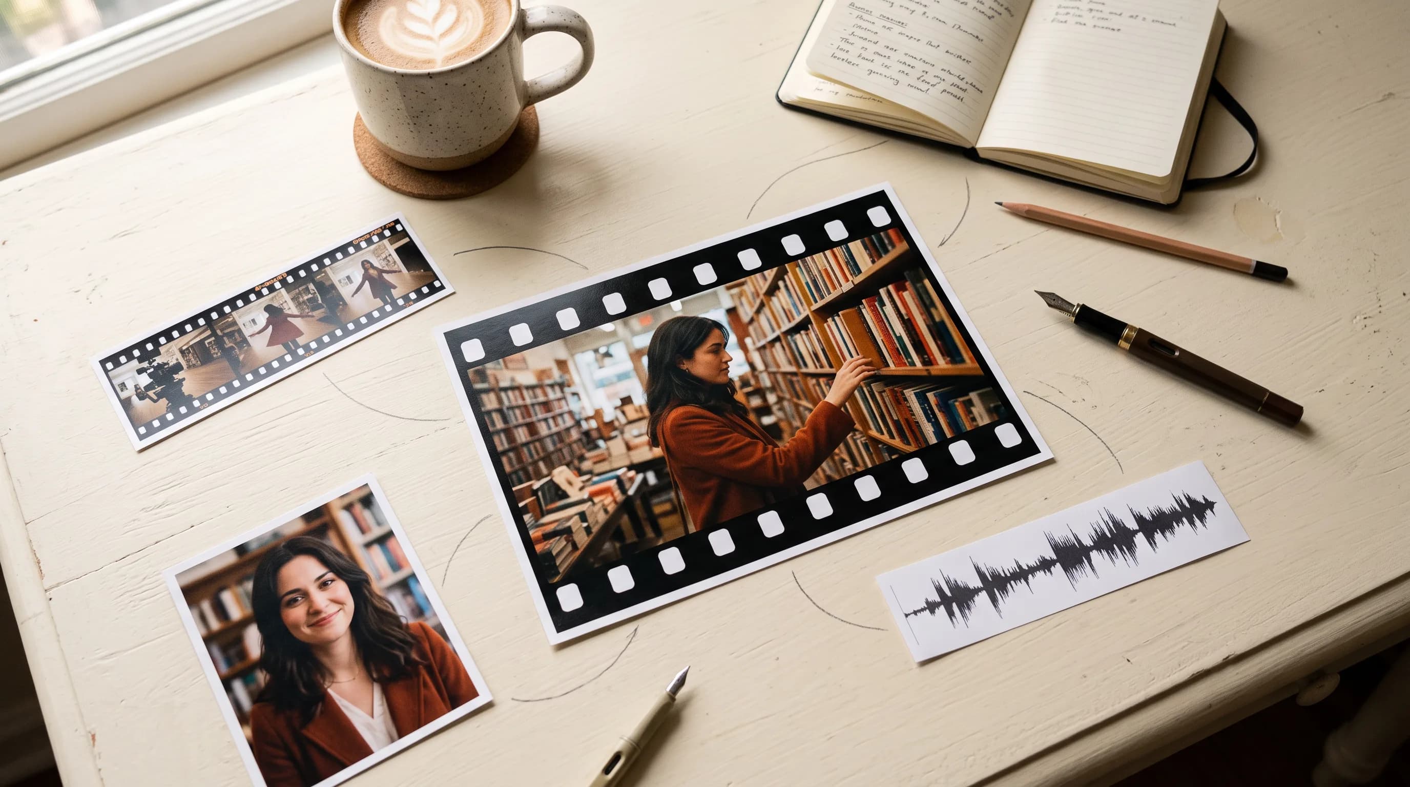 Creative film editing workspace with filmstrips, printed photos, coffee cup, notebook, and audio waveform on white desk