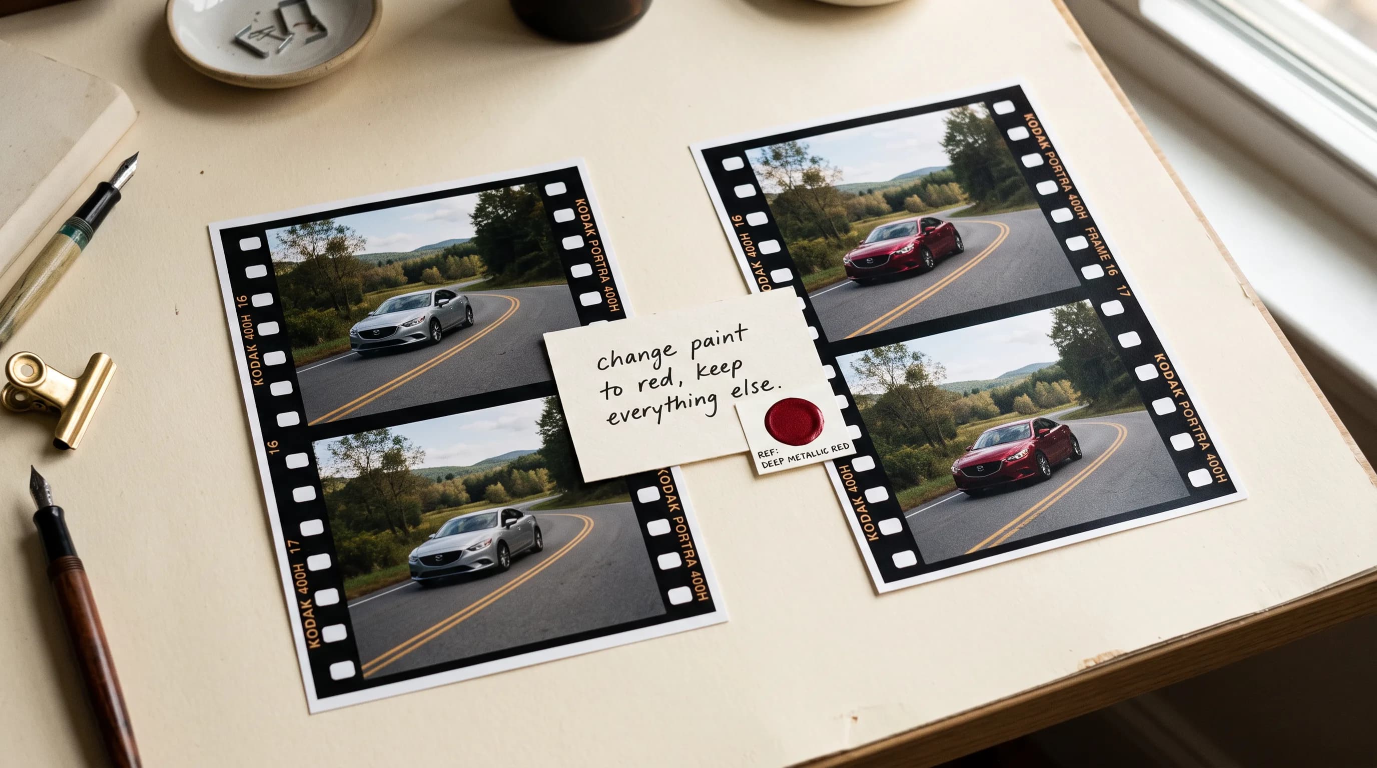 Film strip mockup showing white sedan changing to red car with design note and paint swatch on beige desk