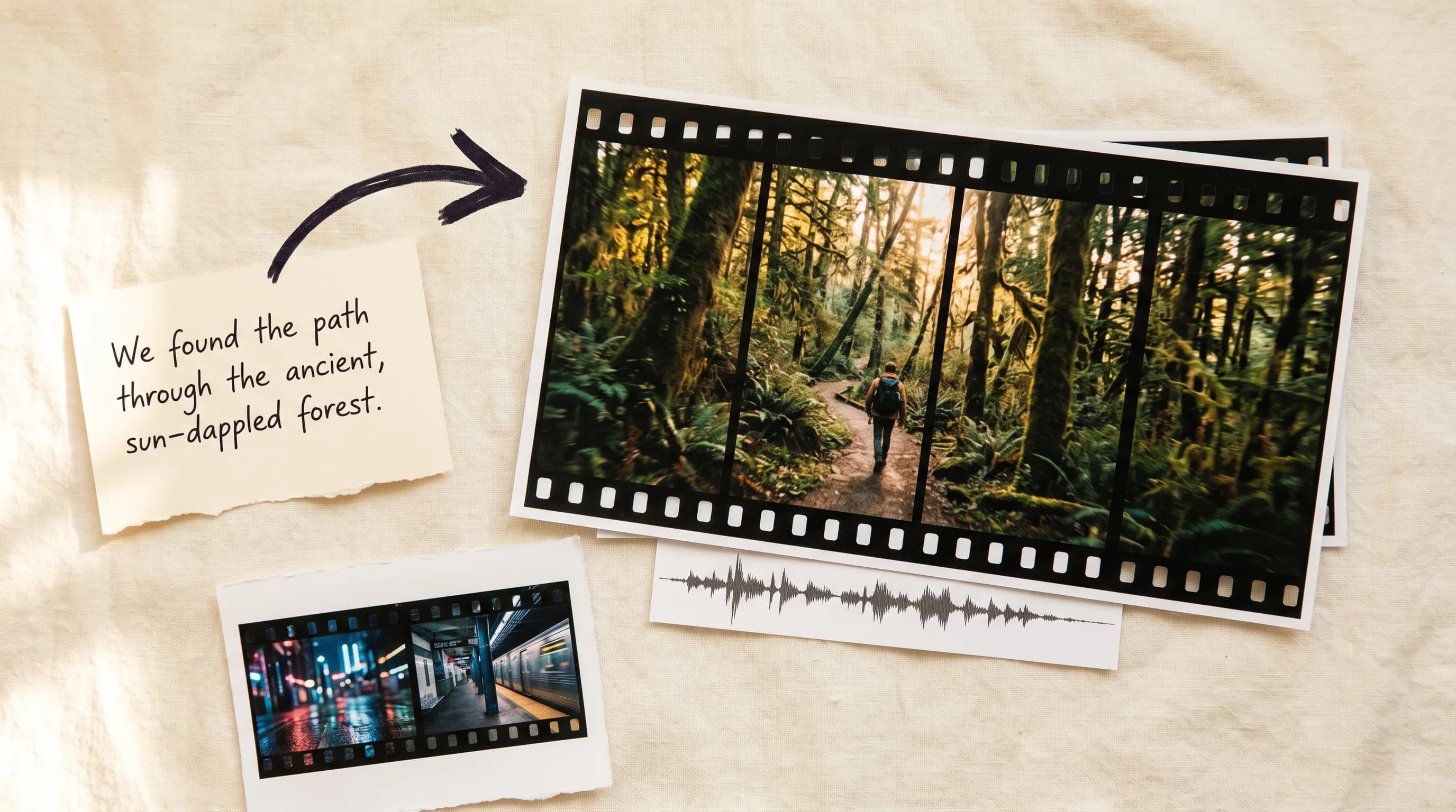 Film strip collage with handwritten note and photos of forest hiking path, urban rain scene, and audio waveform on beige background