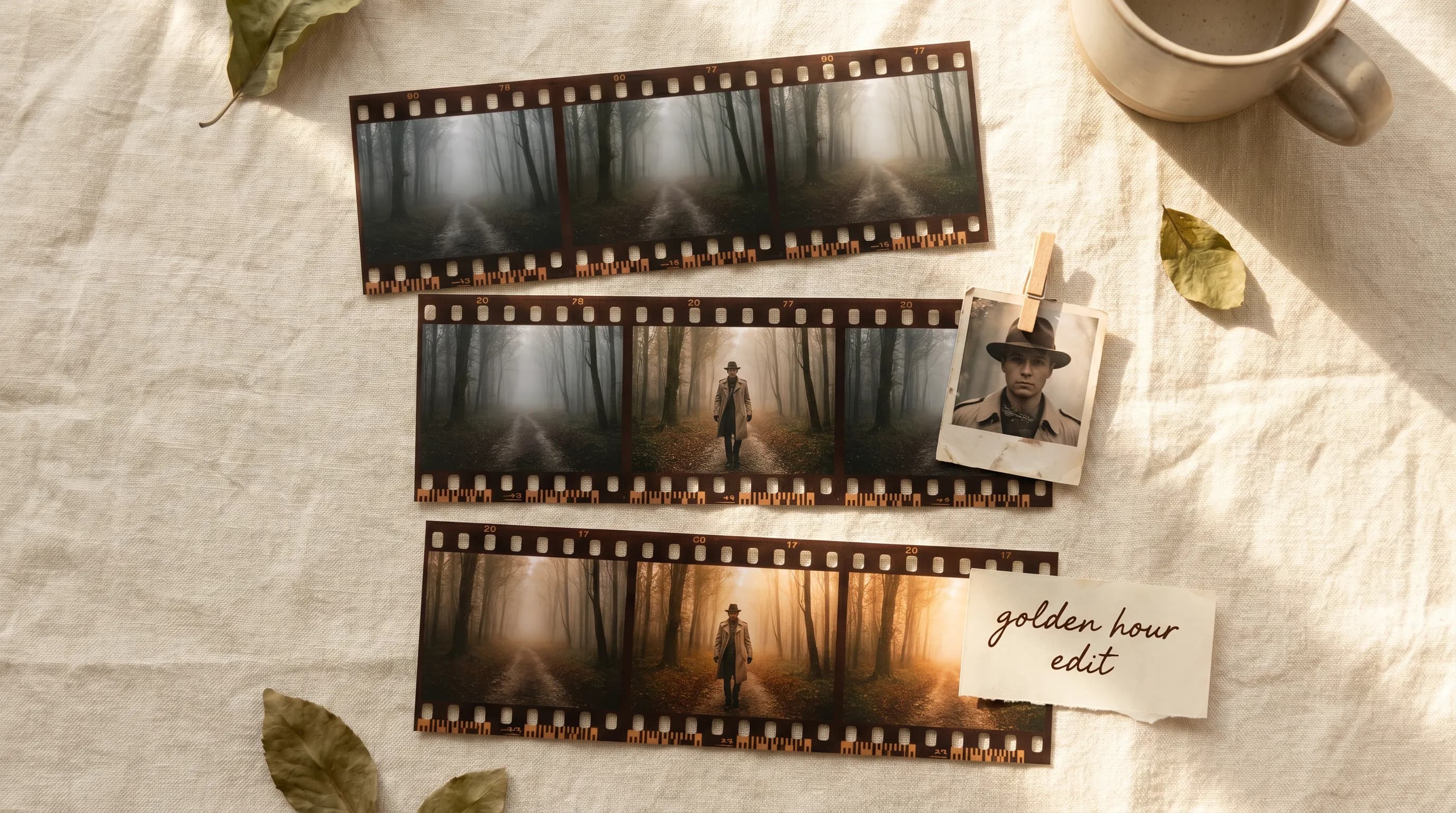 Film strips displaying moody forest scenes with person silhouette, vintage photography flatlay with coffee cup and handwritten notes