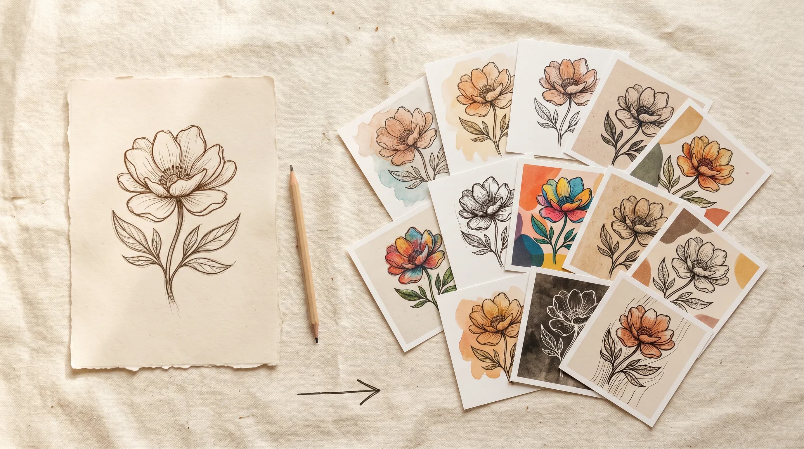Hand-drawn botanical flower sketches and watercolor design variations on cream paper with pencil