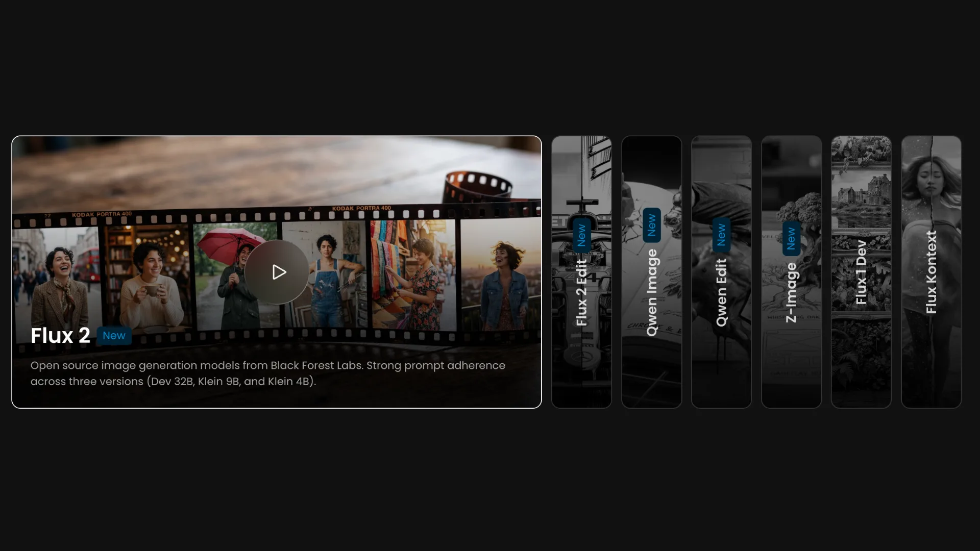 Flux 2 open source AI image generation interface showcasing film strip with diverse photos and model options including Flux 2 Dev, Queen Muse, and Z-Imaged by Black Forest Labs