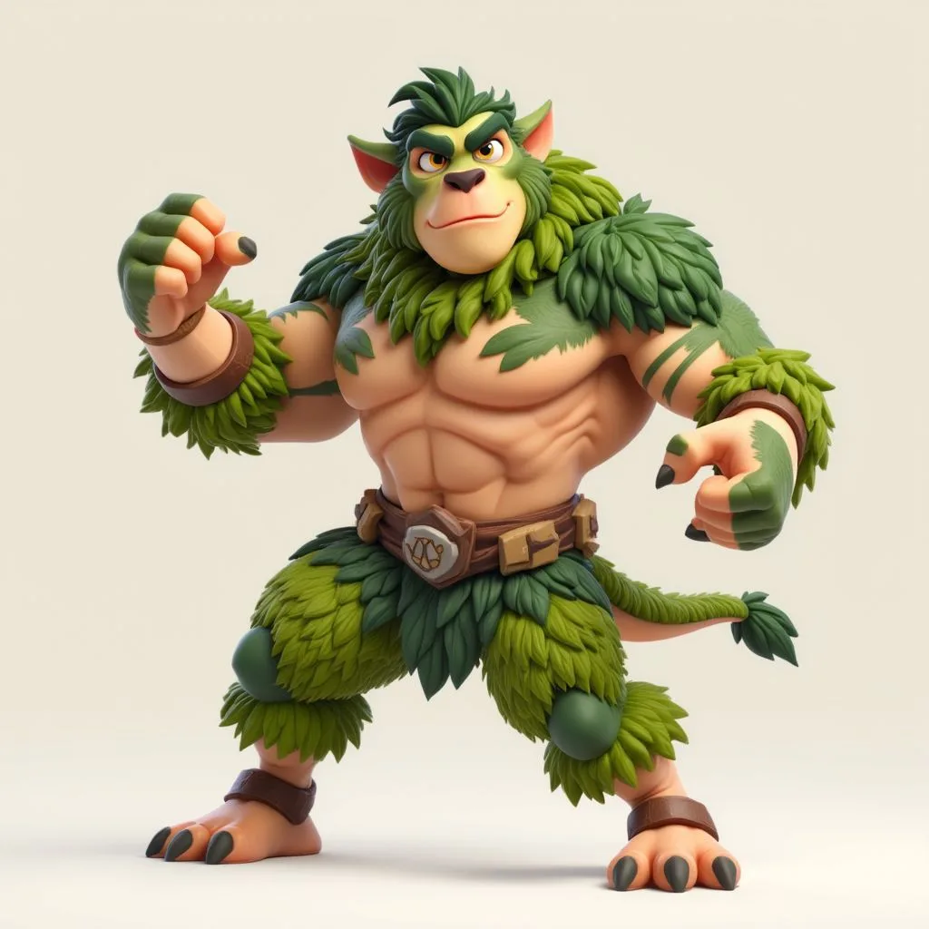 Muscular 3D animated troll warrior with green foliage, pointed ears, and brown leather belt posing confidently