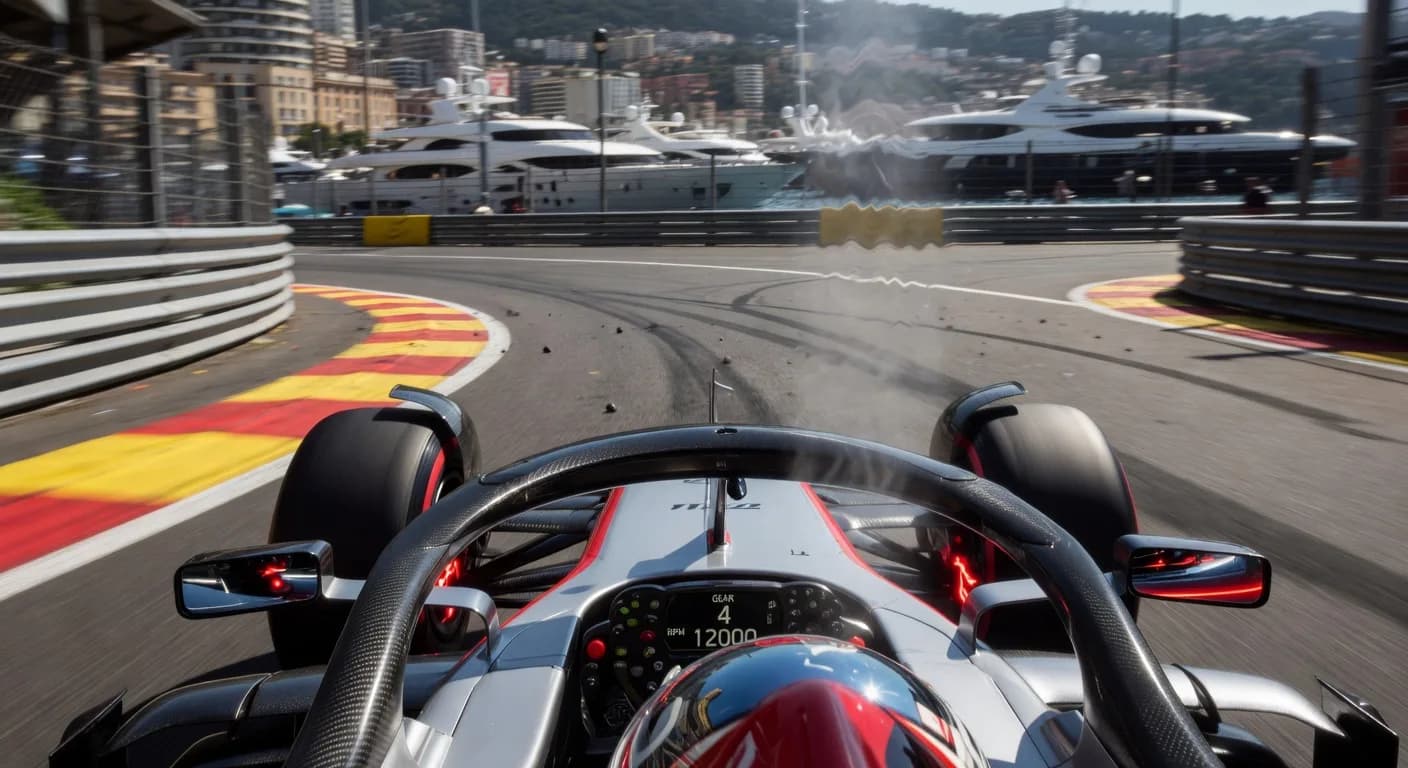 arafed view of a race car driving on a track with a city in the background