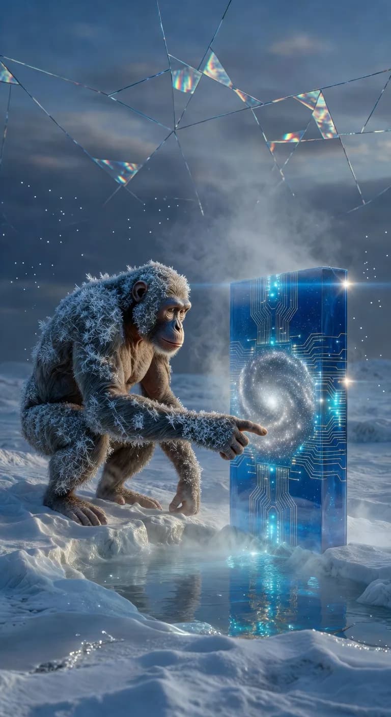 there is a monkey that is standing in the snow with a box