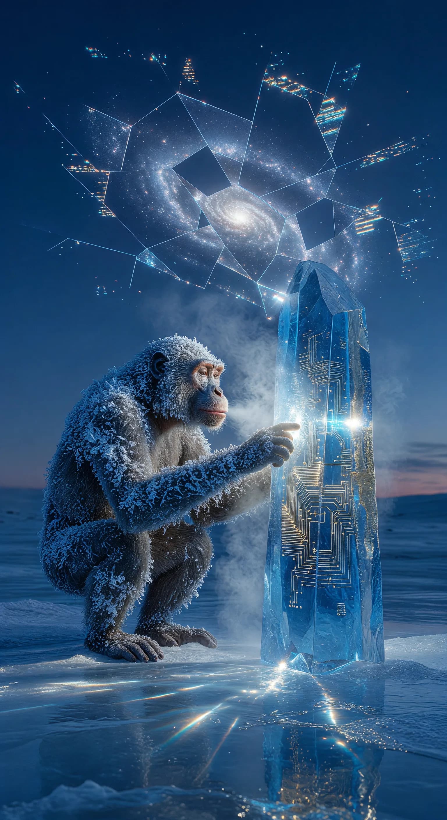 arafed monkey sitting on ice with a crystal in its hand