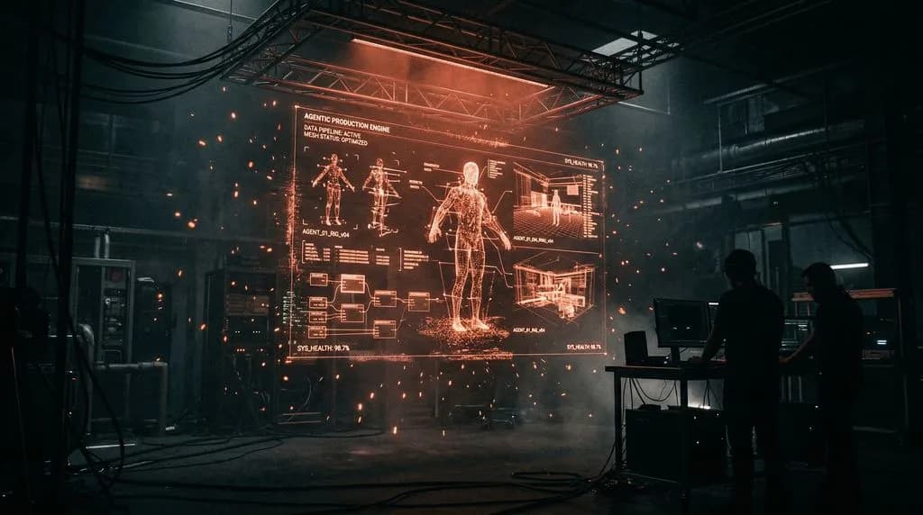Futuristic laboratory with glowing orange holographic AI projection displaying human anatomy and data on dark industrial warehouse background