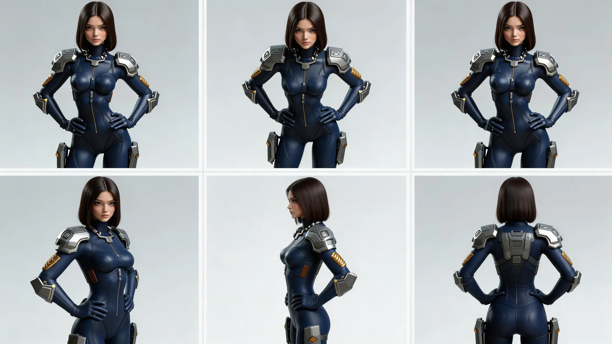 Female character in blue sci-fi bodysuit with metallic shoulder armor and tactical gear, shown from multiple angles