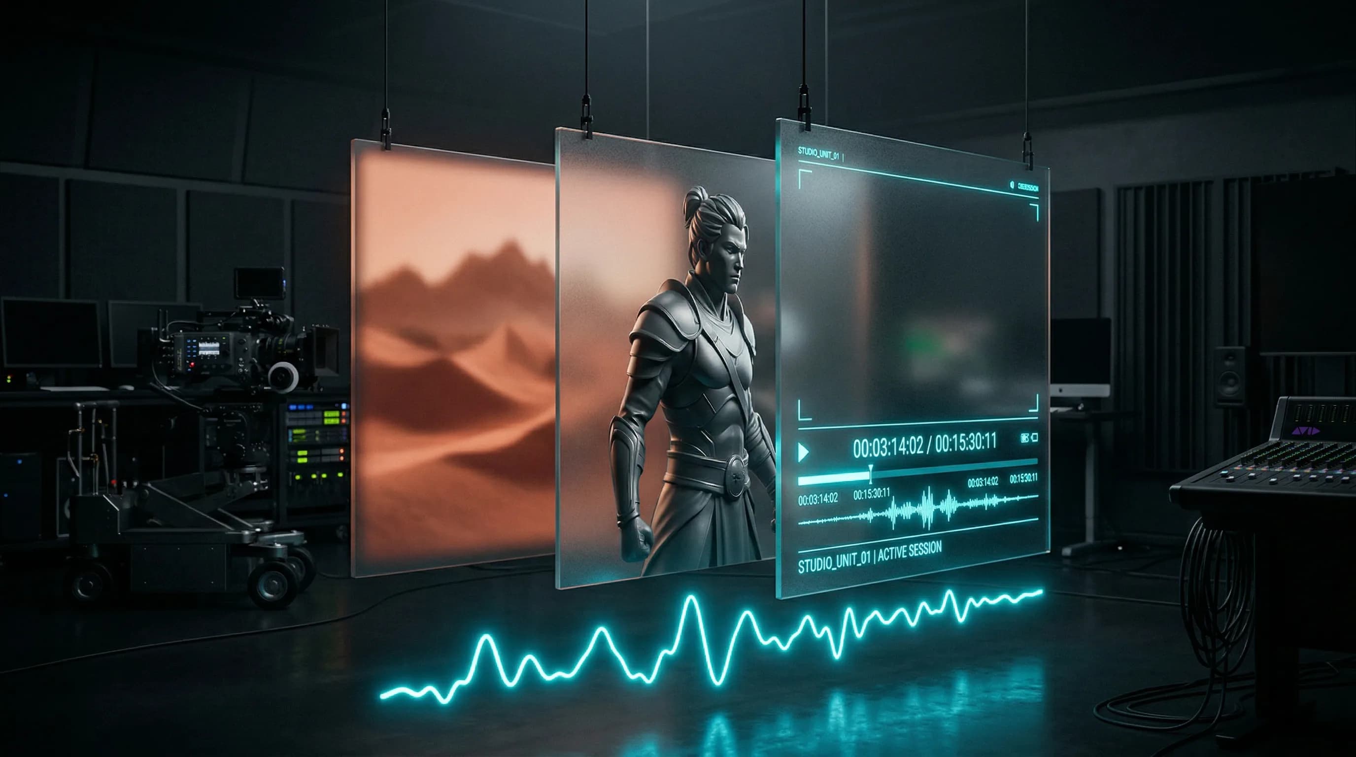 Modern film production studio with glowing neon waveform, character armor display, and professional video editing screens with cyan lighting