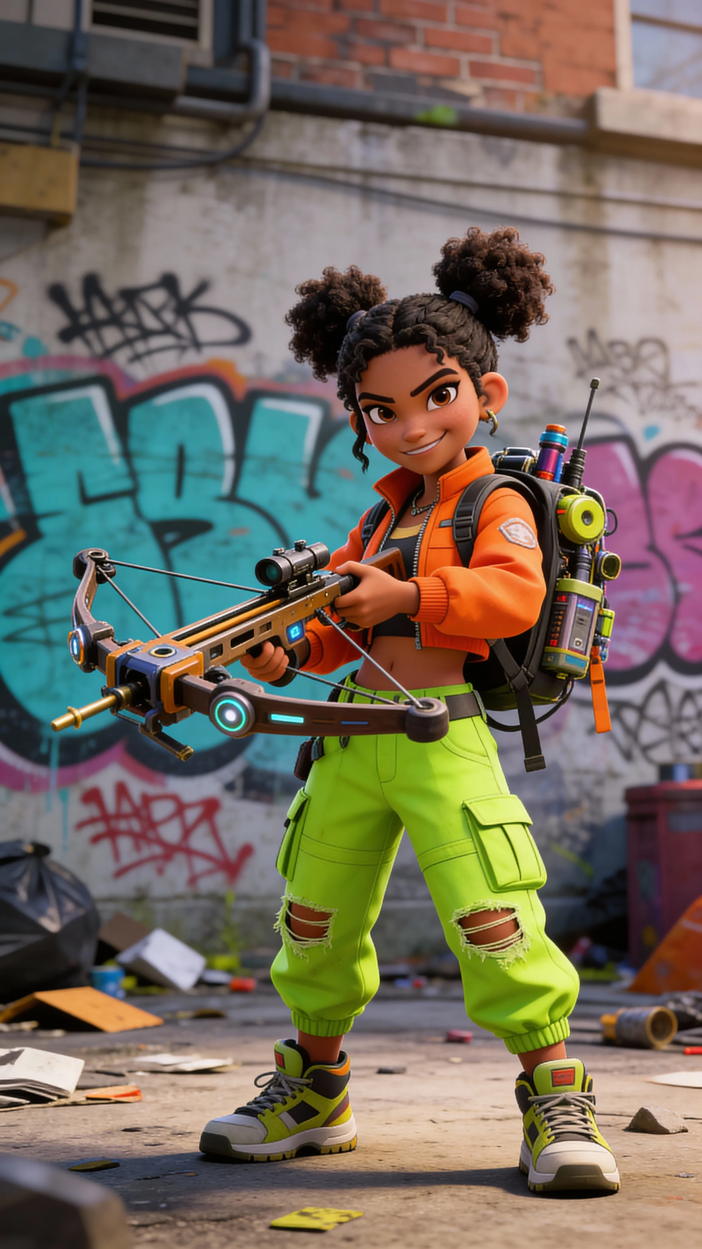 3D animated girl with curly brown hair in orange jacket holding futuristic crossbow, standing in urban alley with colorful graffiti wall background