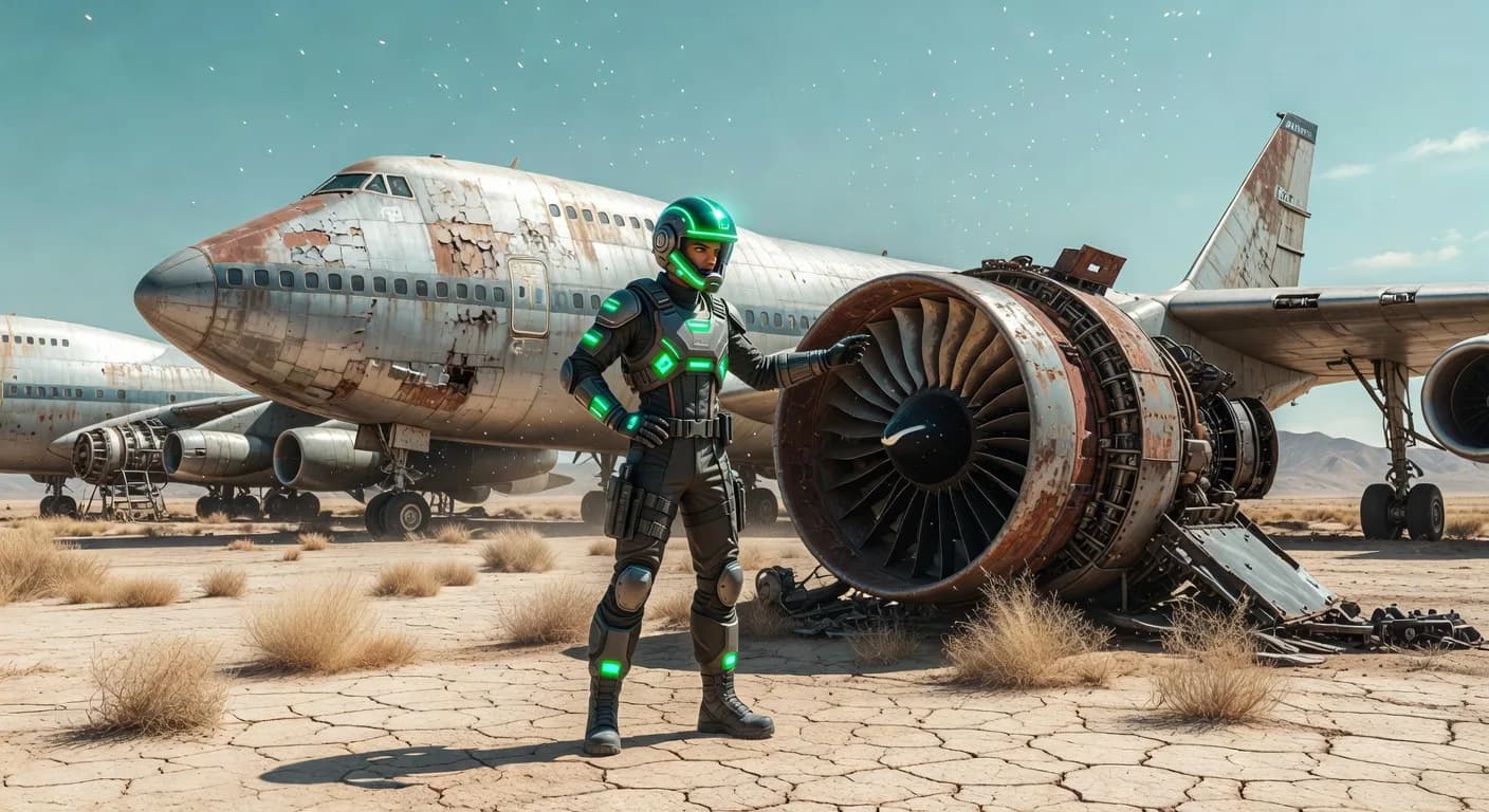 there is a woman in a green helmet standing next to a plane