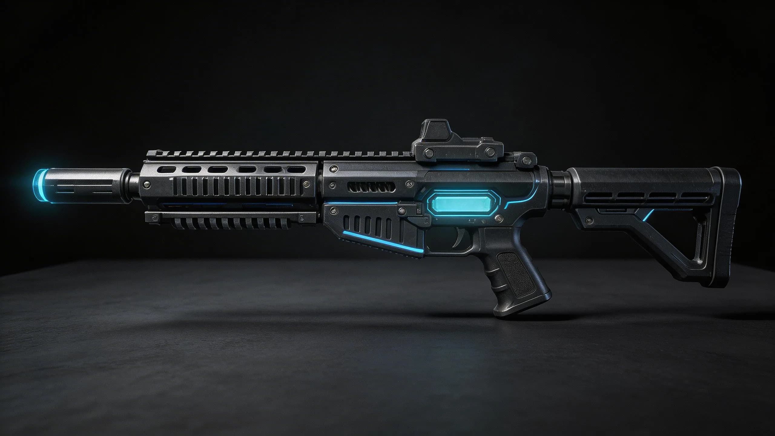 Futuristic assault rifle with neon blue glowing accents, red dot sight, tactical rail system, and collapsible stock on dark background