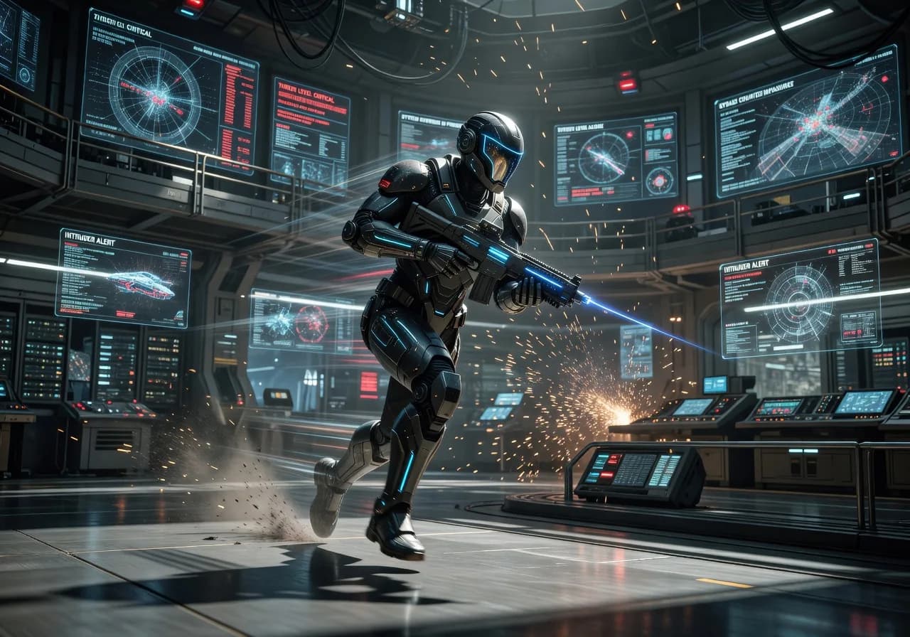 futuristic soldier in a futuristic space station with a laser beam