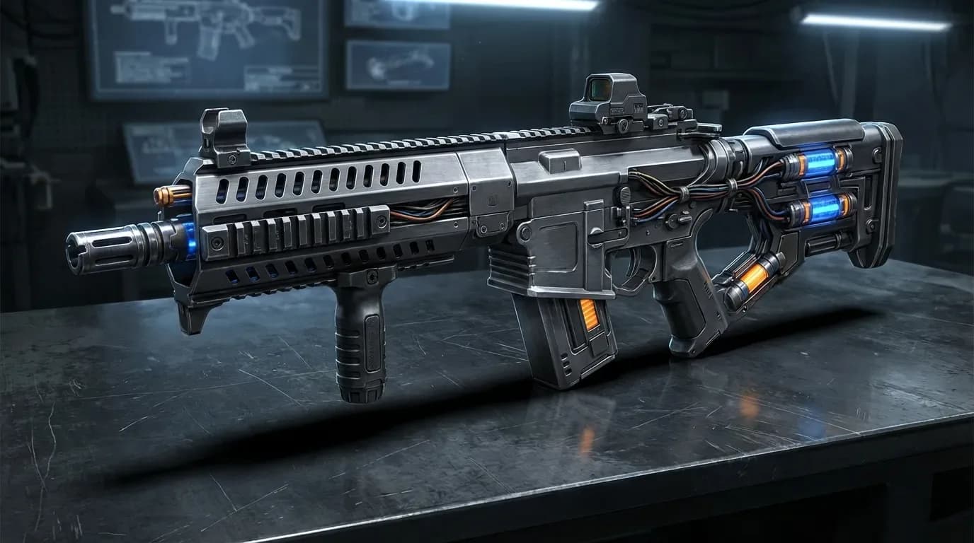 a close up of a gun on a table in a room