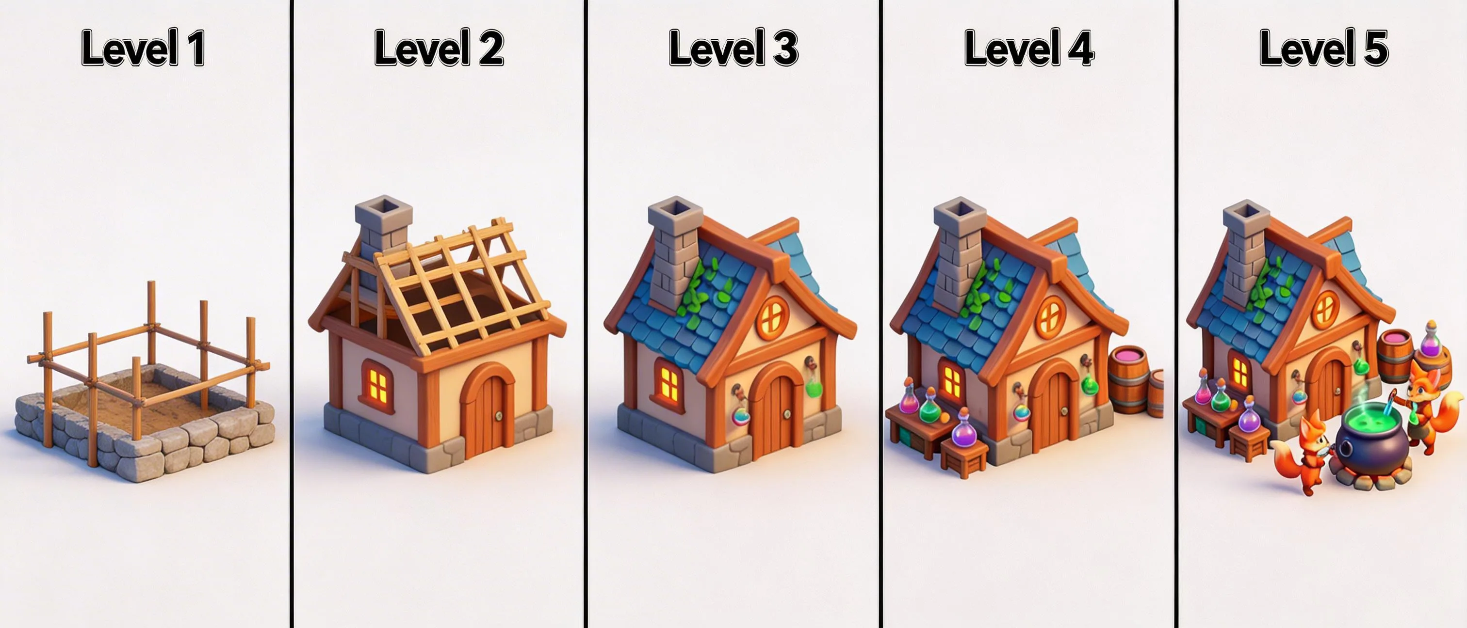 Game building progression from level 1 to 5, showing house construction stages from foundation to completed cottage with decorations and witch cauldron