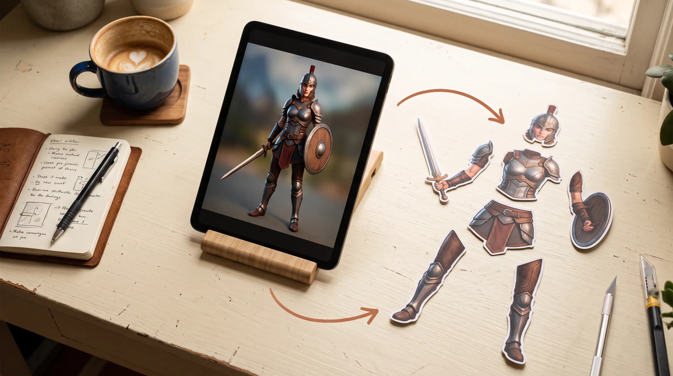 Digital workspace showing tablet with warrior character design, printed costume part sketches, coffee cup, and sketch notes on wooden desk
