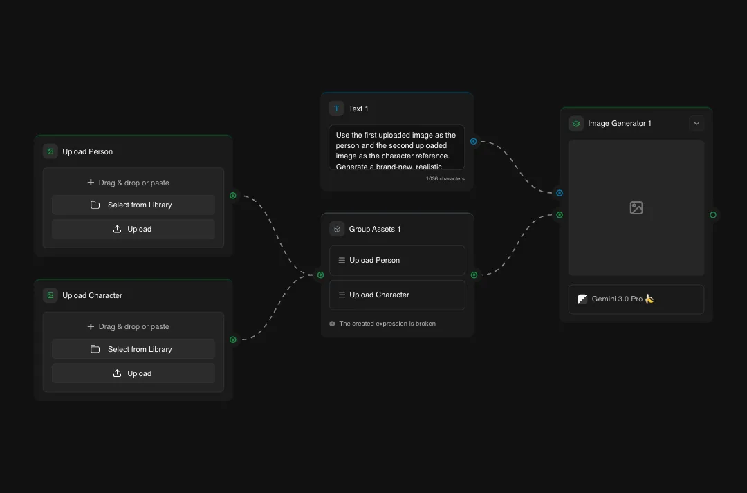 Gemini 3.0 Pro AI image generator interface showing upload person and character options with text prompt generation workflow