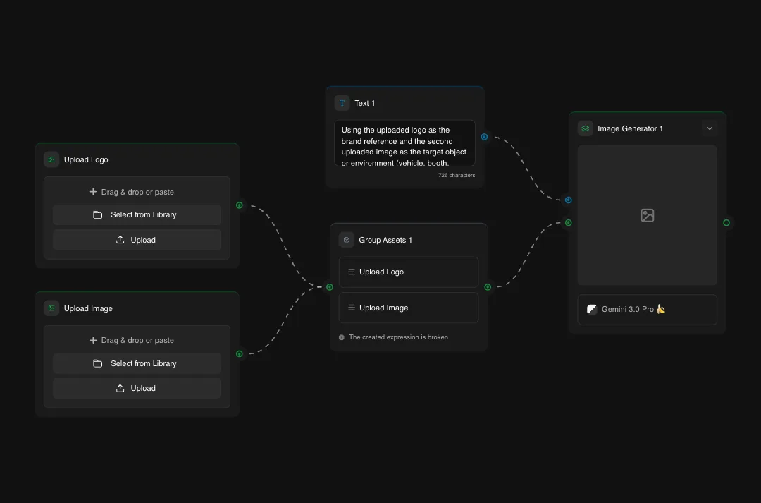 Gemini 3.0 Pro AI image generator interface showing logo upload, image selection, and asset management workflow with dark theme design