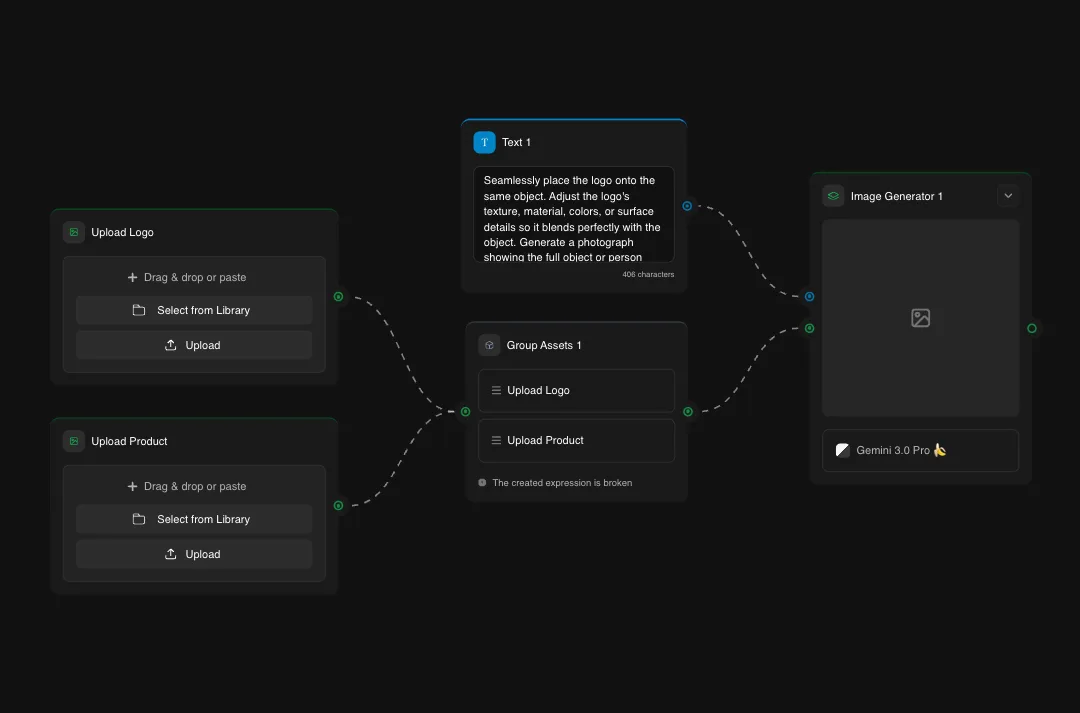 Gemini 3.0 Pro AI image generator interface showing logo upload, product upload, and text-to-image workflow with dark theme UI
