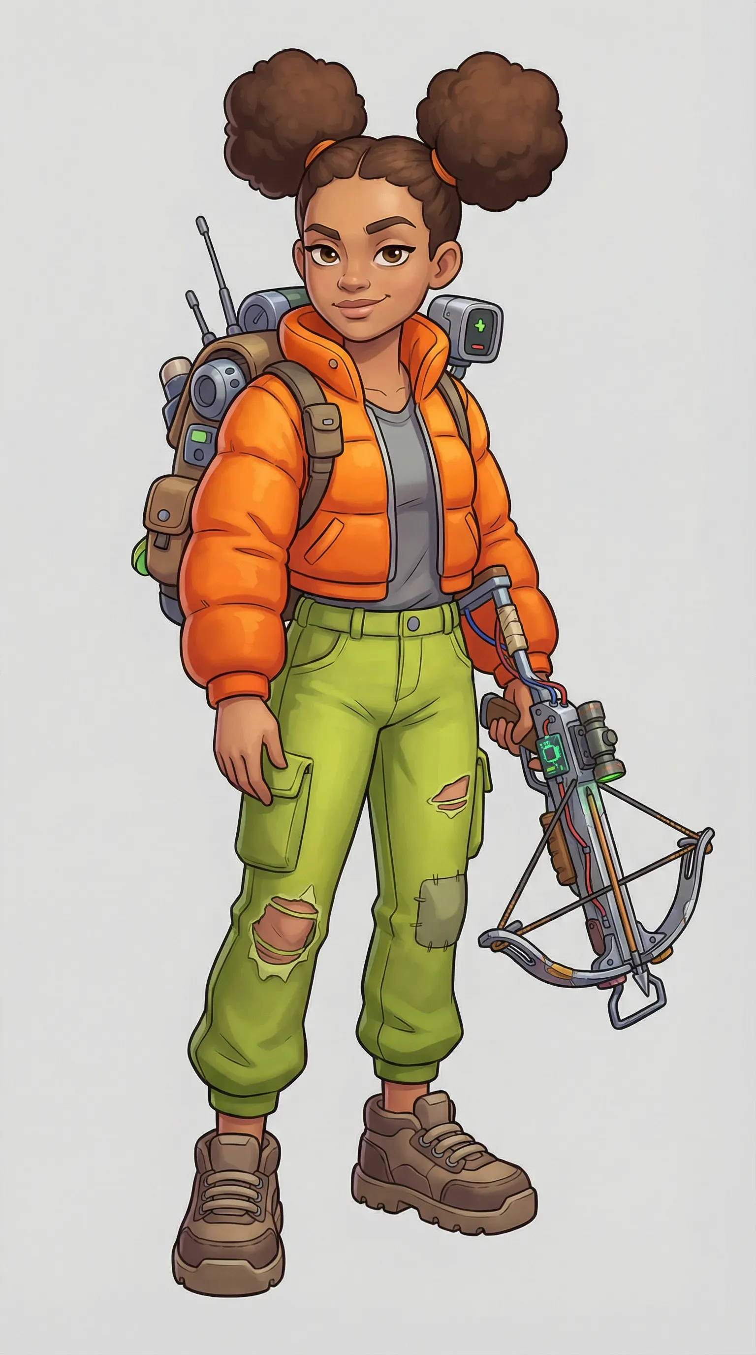 cartoon girl with a backpack and a bow and a rifle