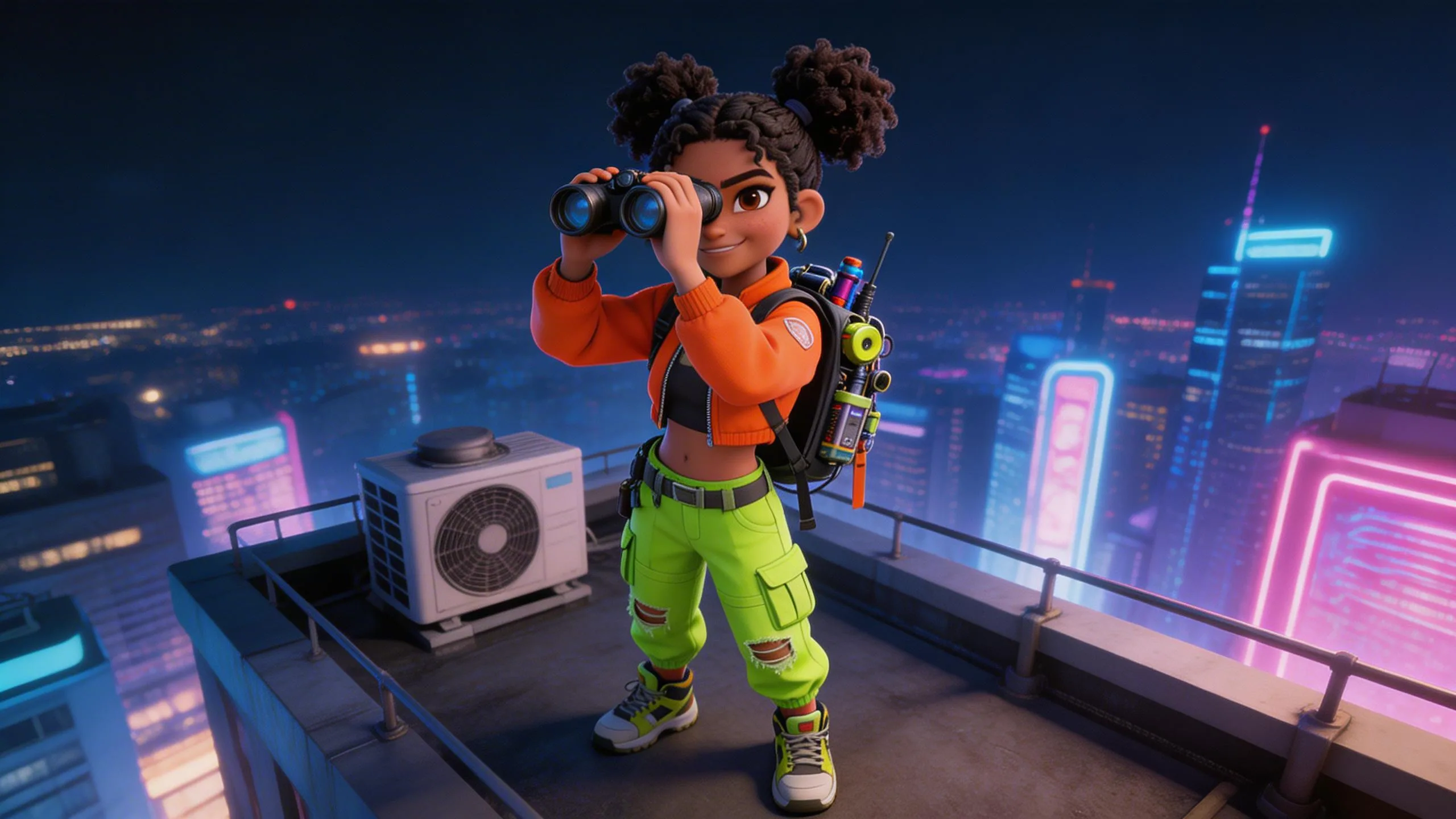 Animated girl with binoculars on neon-lit city rooftop at night, wearing orange jacket and neon green pants, 3D character art