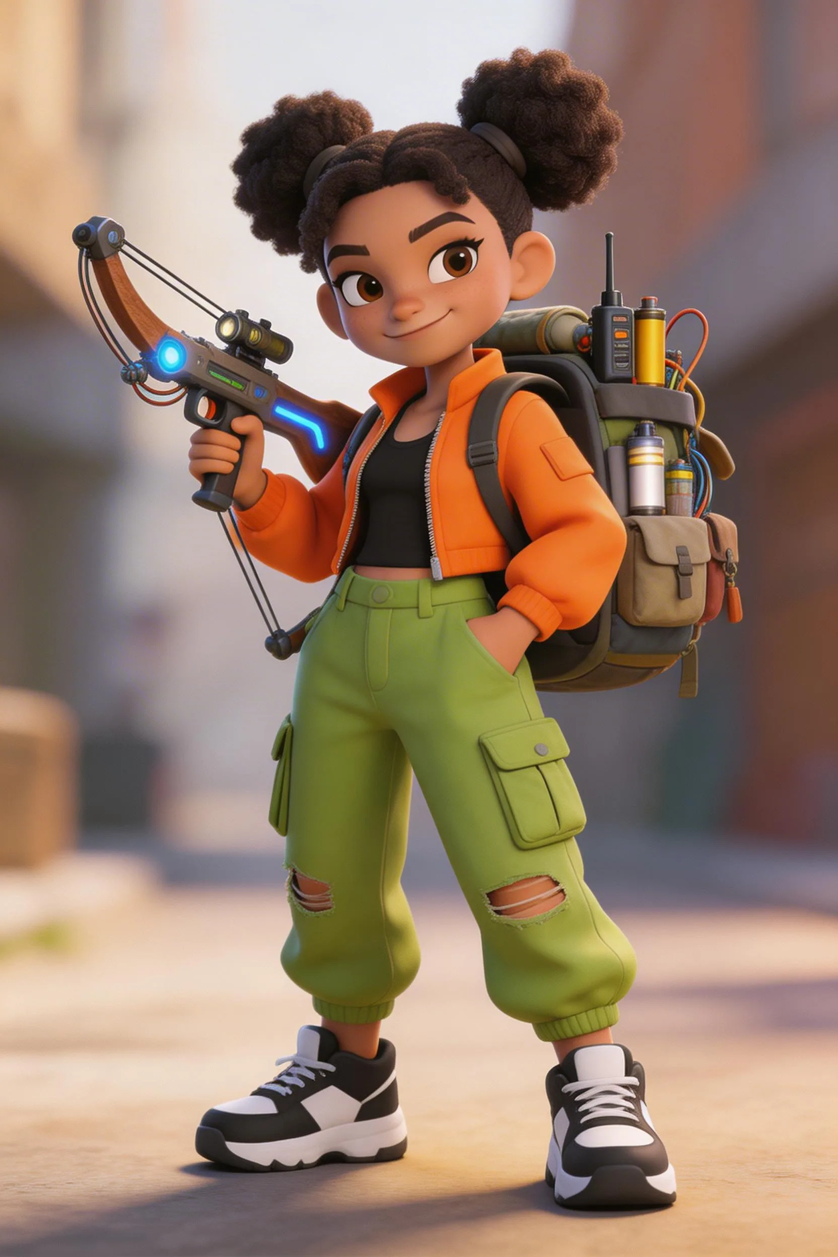 Animated girl character with bun hairstyle holding glowing tech device, wearing orange jacket and green cargo pants with backpack full of gadgets
