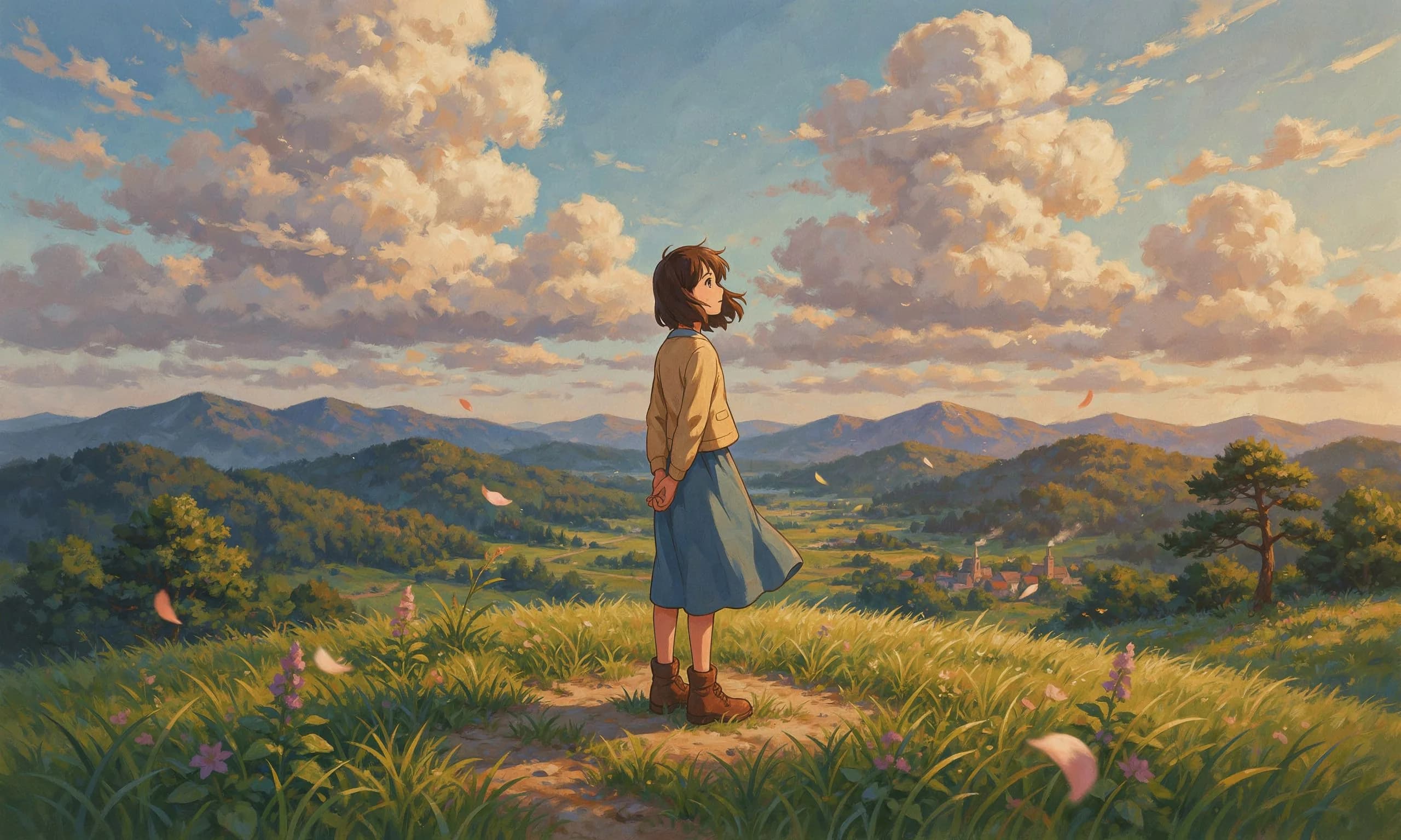 Anime girl in yellow shirt and blue skirt standing in grass meadow overlooking mountain valley at sunset with puffy clouds