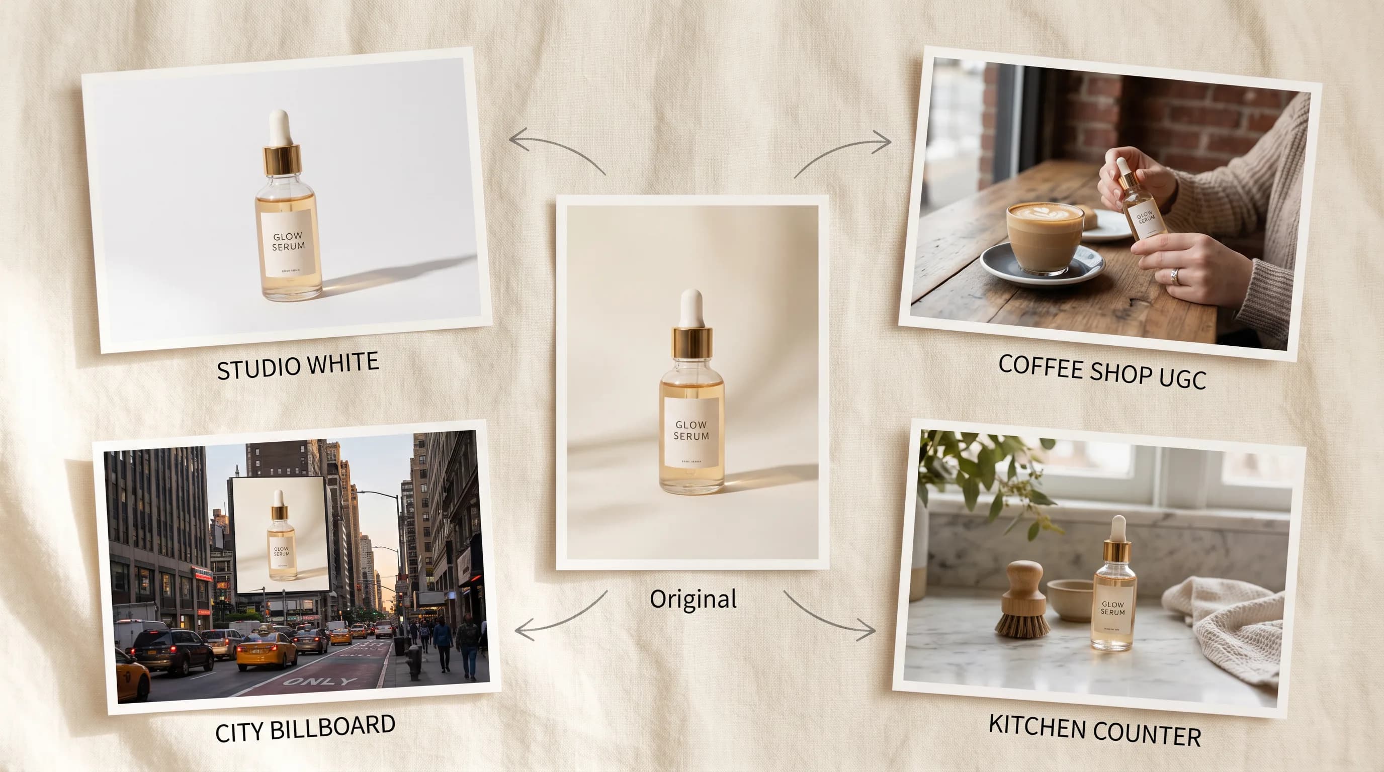 Golden glow serum bottle displayed across four lifestyle contexts: studio white, coffee shop, city billboard, and kitchen counter settings