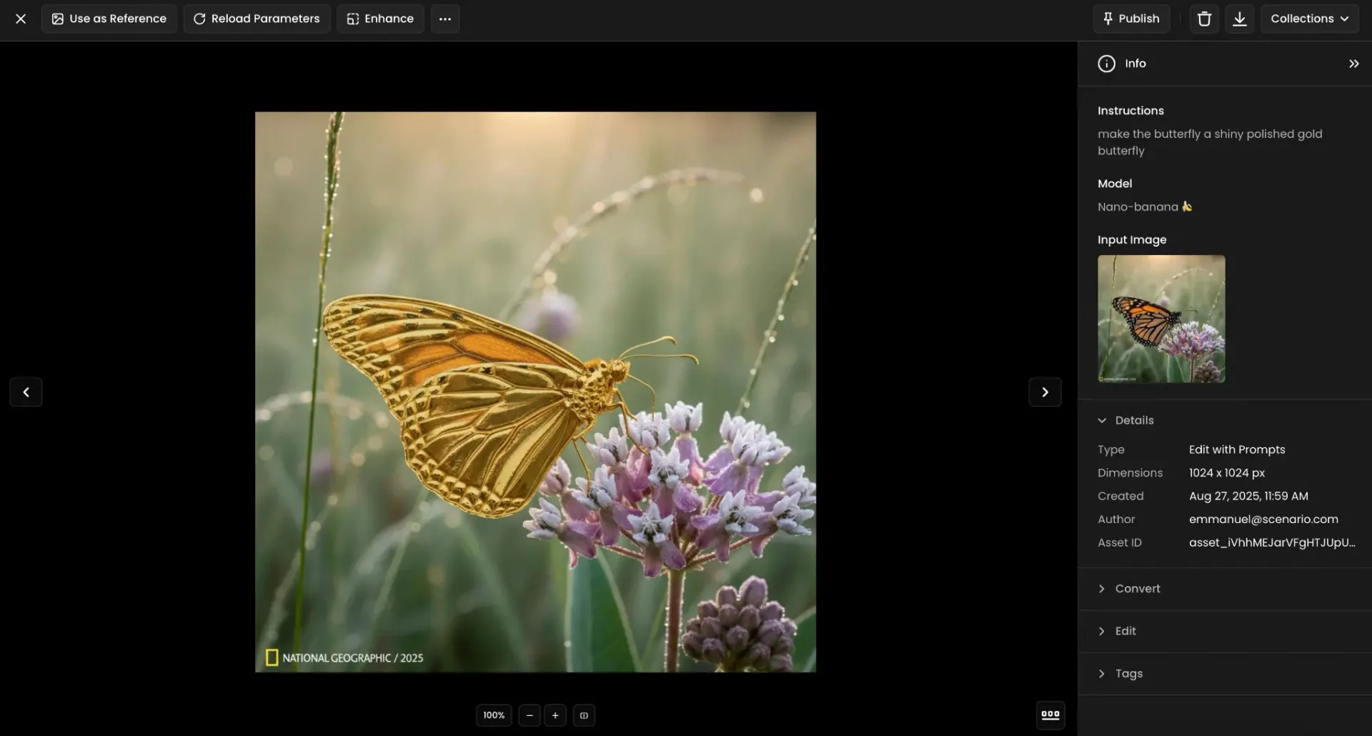 Golden metallic butterfly with intricate wing patterns perched on purple wildflowers against soft green blurred background.