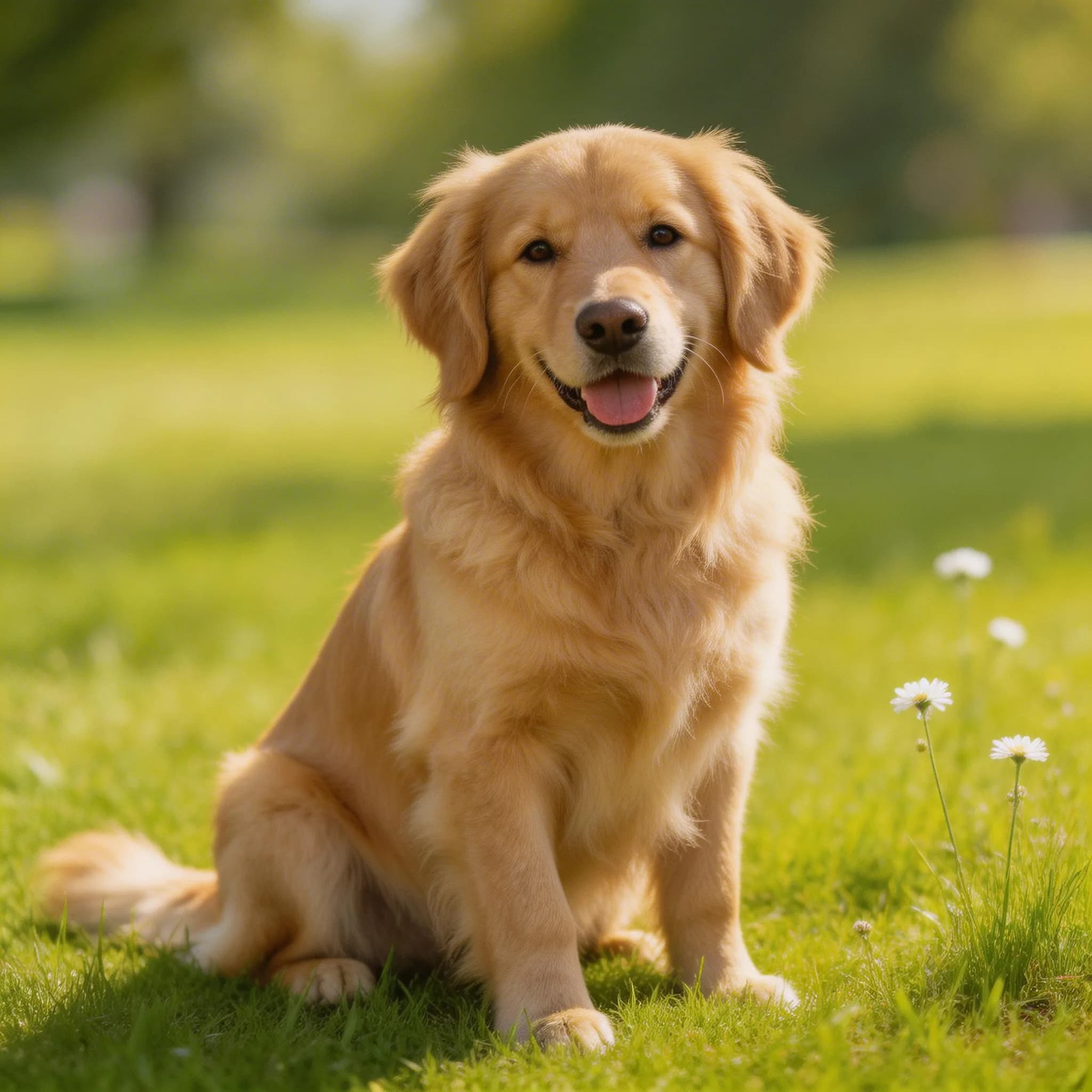 Happy golden retriever sitting in sunny park with green grass and white flowers, friendly dog portrait outdoors
