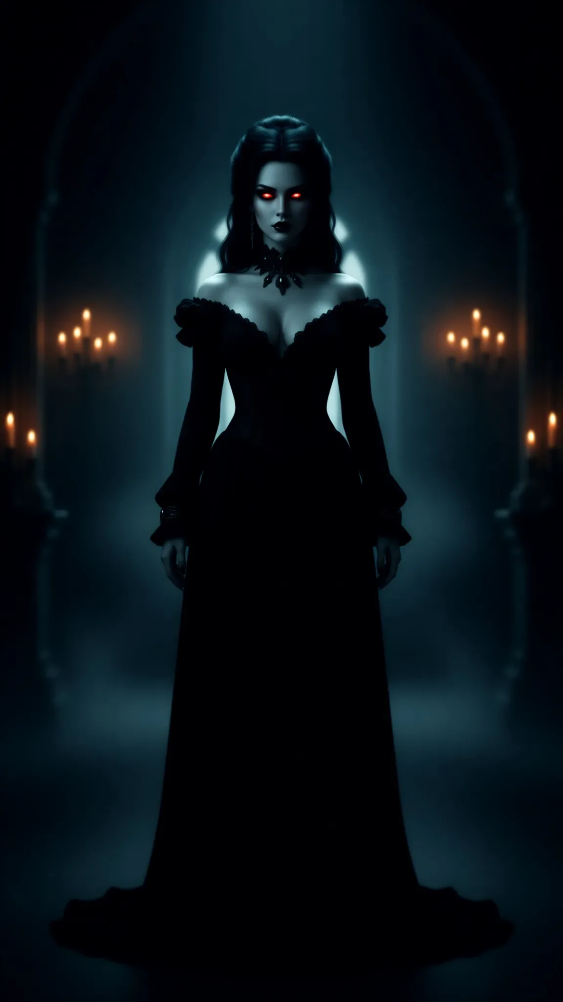 a woman in a black dress standing in a dark room