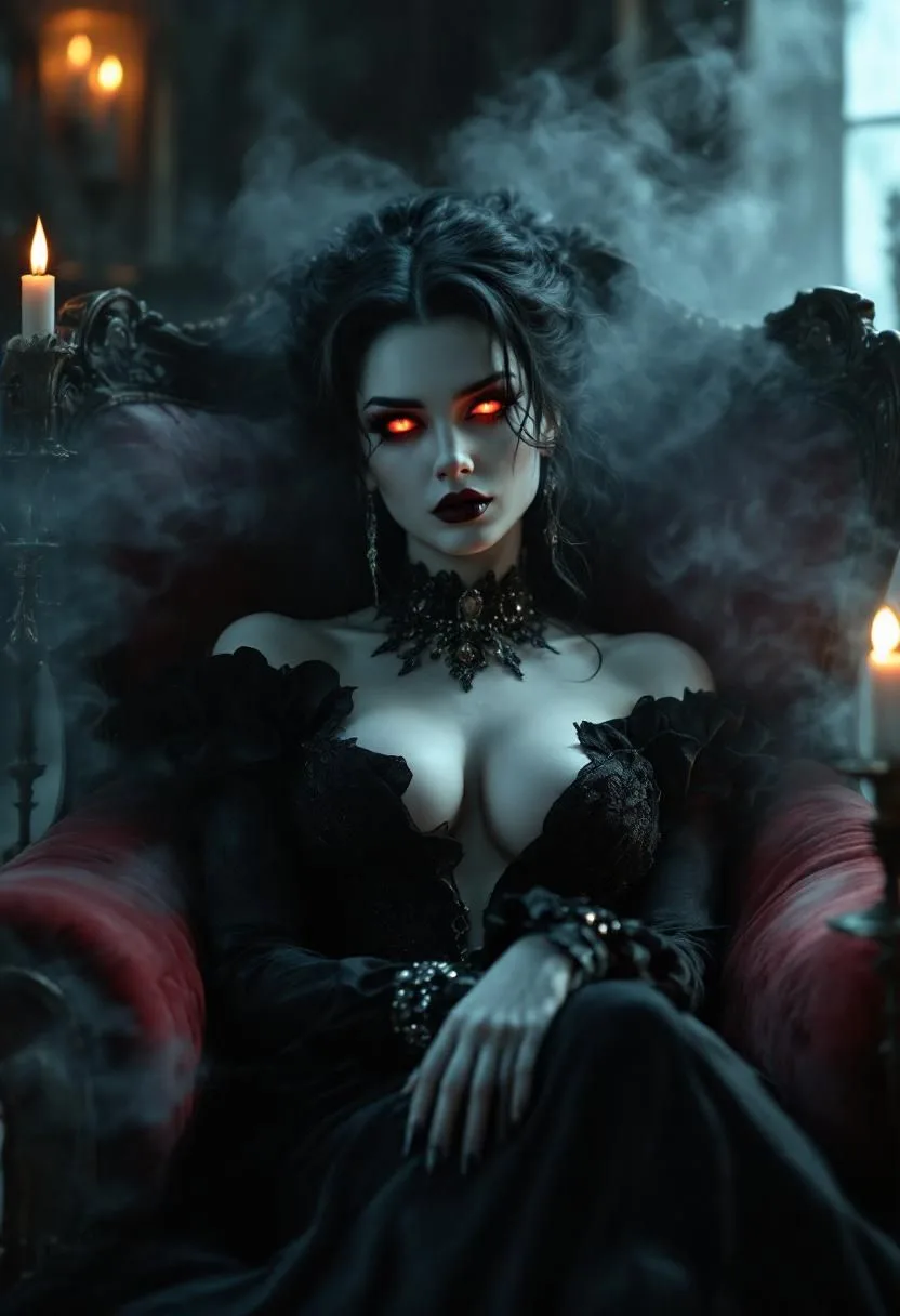 Dark gothic vampire woman with glowing red eyes wearing black lace corset and ornate choker, surrounded by candlelight and mystical fog in moody fantasy setting