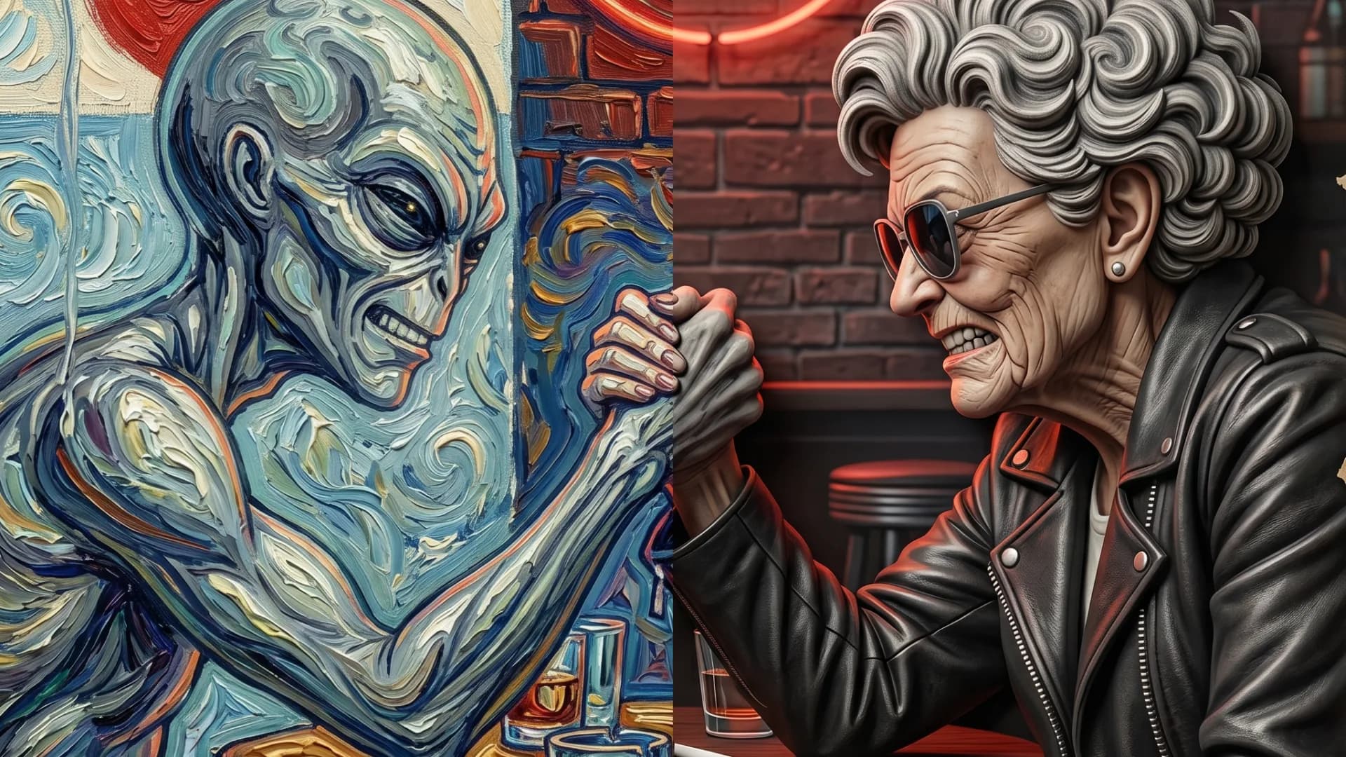 Edgy elderly woman in black leather jacket and sunglasses admiring colorful Van Gogh-inspired swirl artwork on brick wall with neon lighting