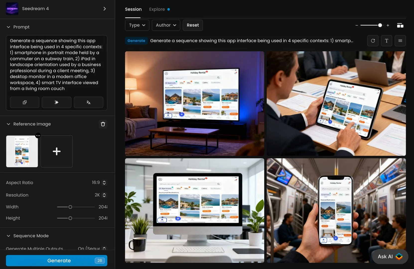 A collage showing a holiday rental app interface being used on a smartphone in a subway, an iPad during a business meeting, a desktop monitor in a modern office, and a smart TV in a living room, representing multi-device accessibility for travel booking apps.