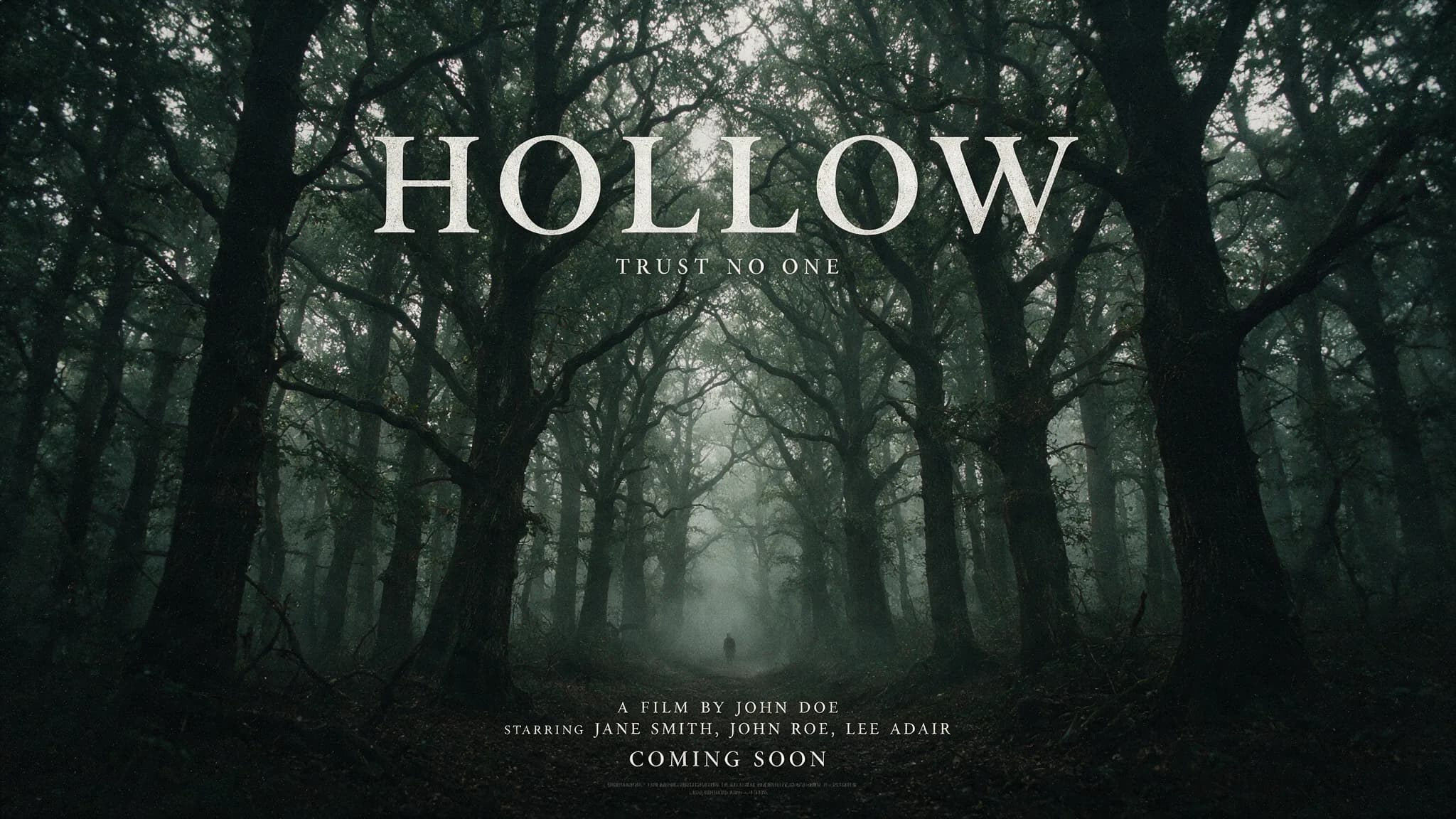 Movie poster for horror film 'Hollow' featuring a dark misty forest with tall trees and a solitary figure in the distance, with white text overlay