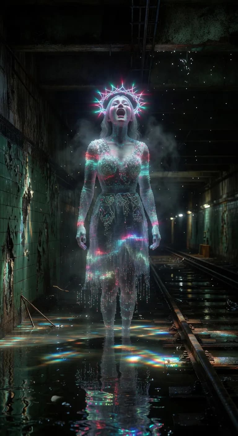 arafed woman in a dress with a headdress standing in a dark room