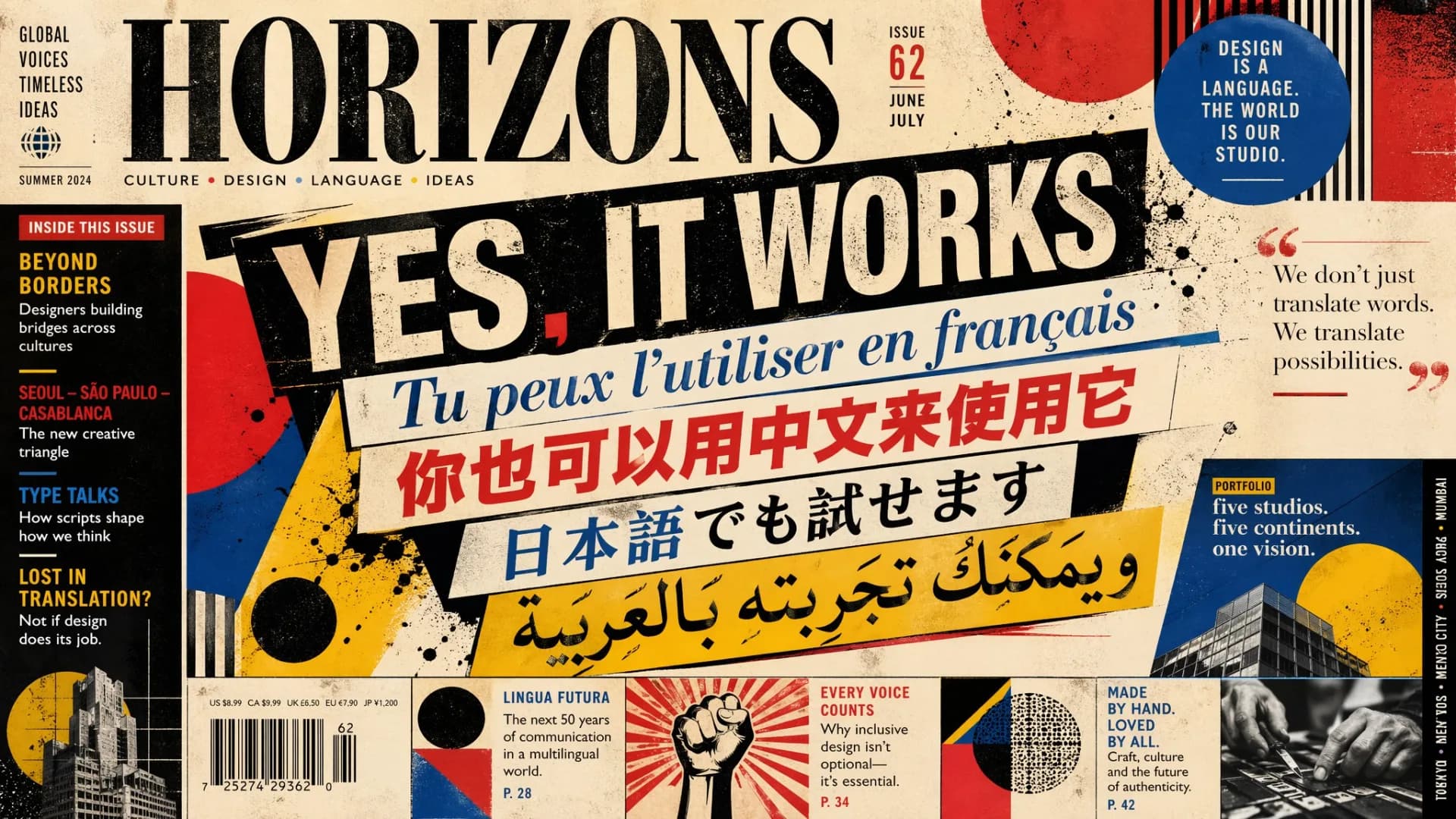 Horizons magazine cover featuring multilingual design with French, Chinese, Japanese, and Arabic text exploring design as a universal language across cultures.