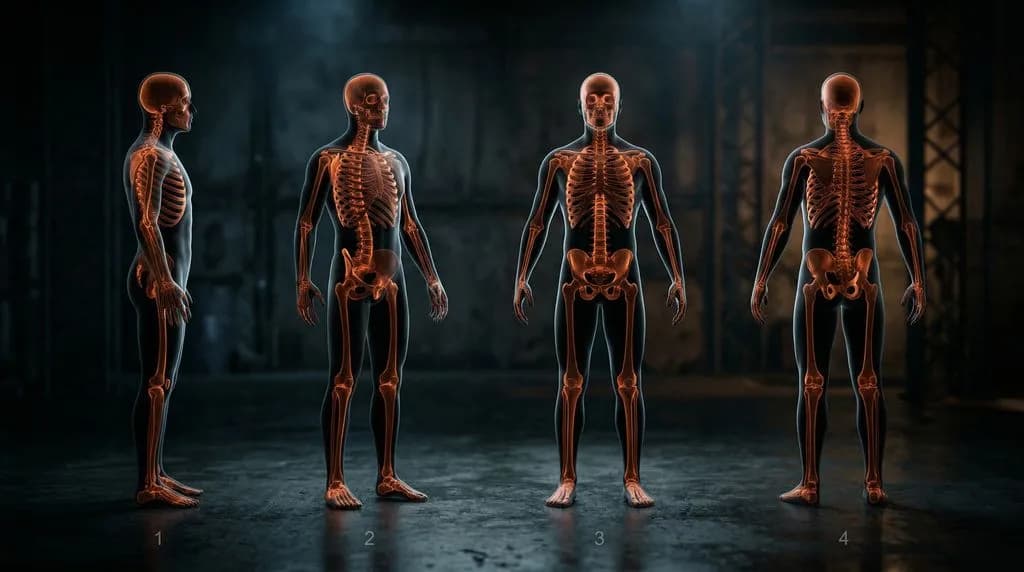 Medical illustration showing human skeleton anatomy in four standing poses - side profile, front, and back views with glowing orange bones highlighted against dark industrial background