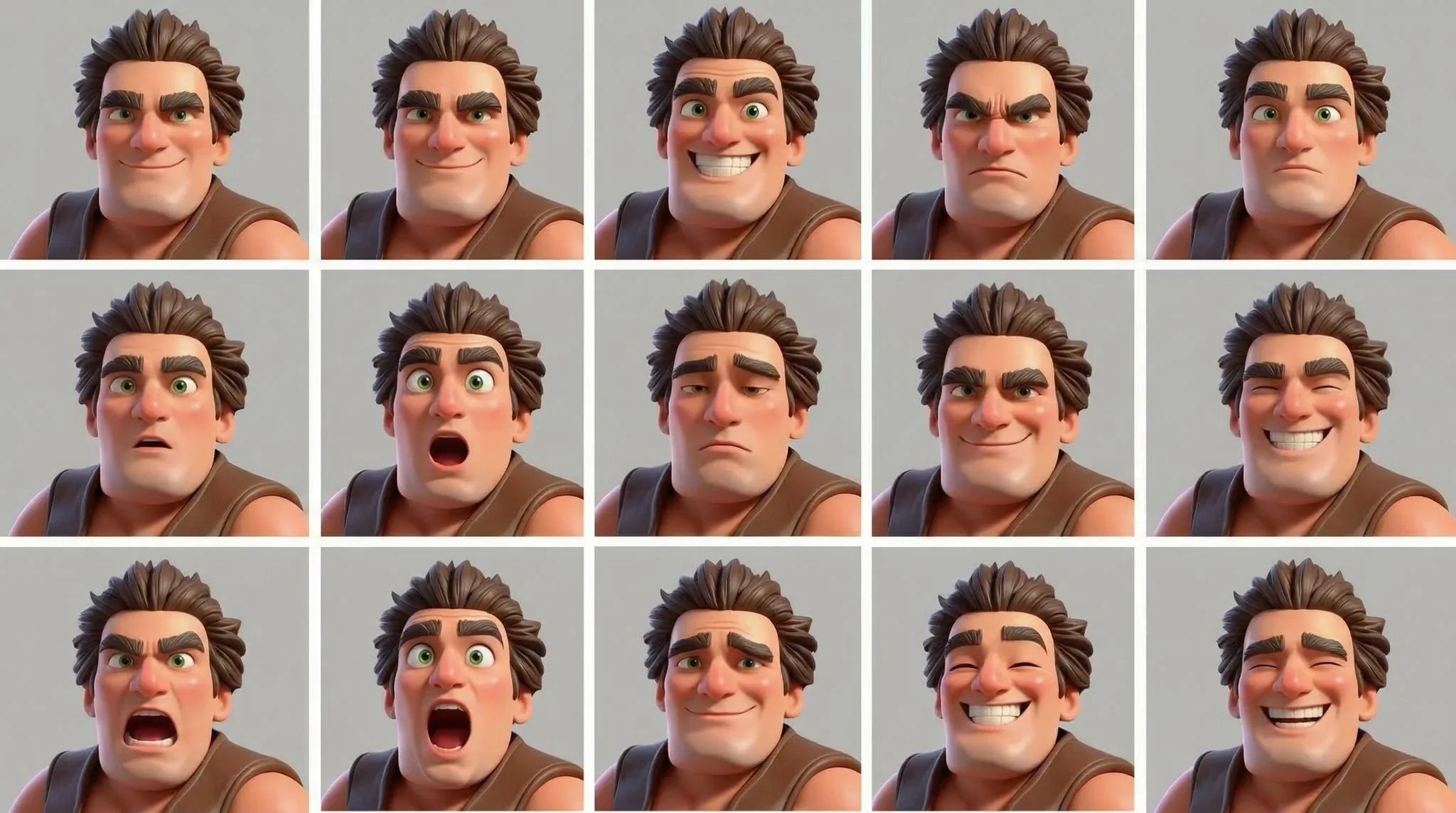 3D animated male character with brown hair displaying nine different facial expressions including happy, angry, surprised, sad, and neutral emotions