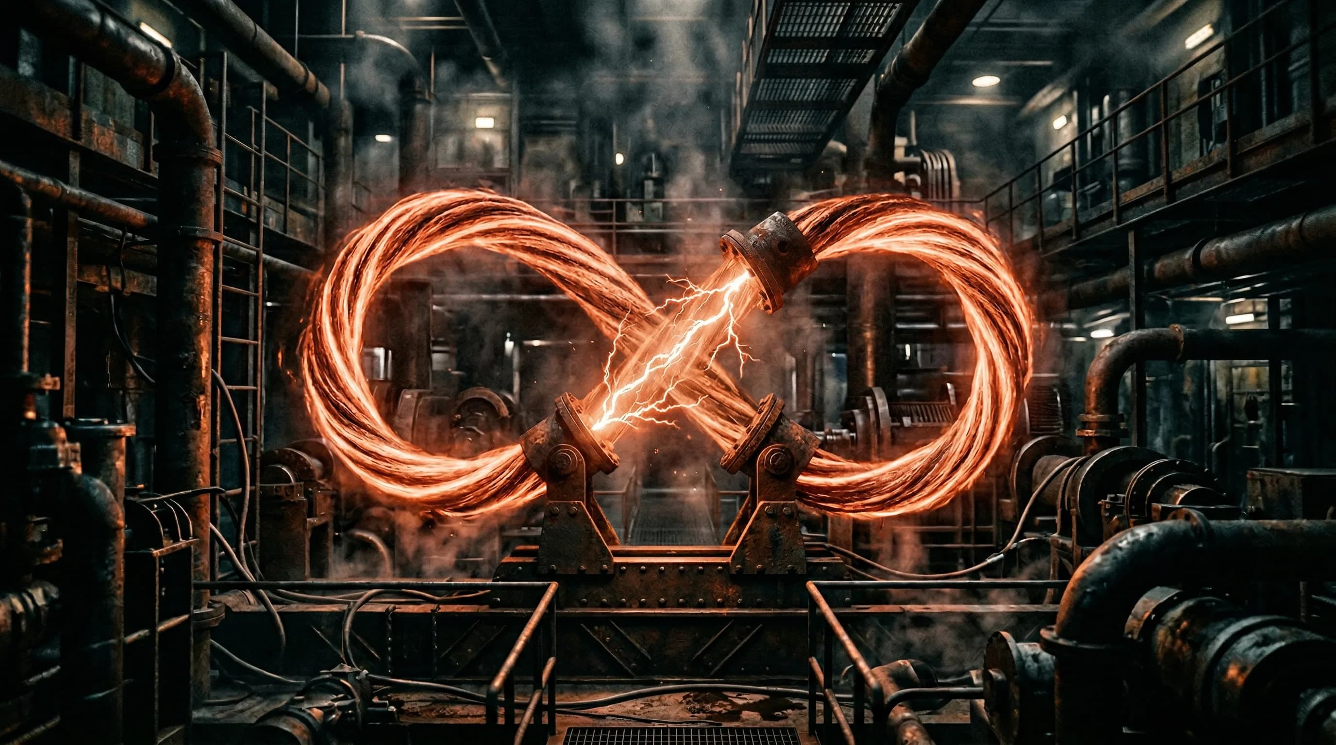 Glowing orange plasma energy with lightning bolts in futuristic industrial steampunk facility with metal pipes and machinery
