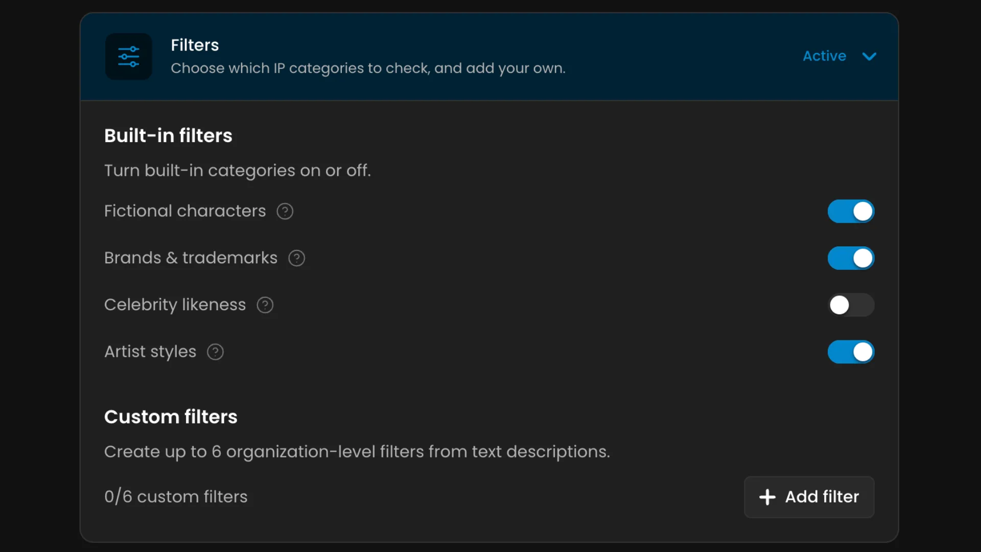 Content filtering settings panel with built-in filters for fictional characters, brands, celebrity likeness, and artist styles, plus custom filter creation options