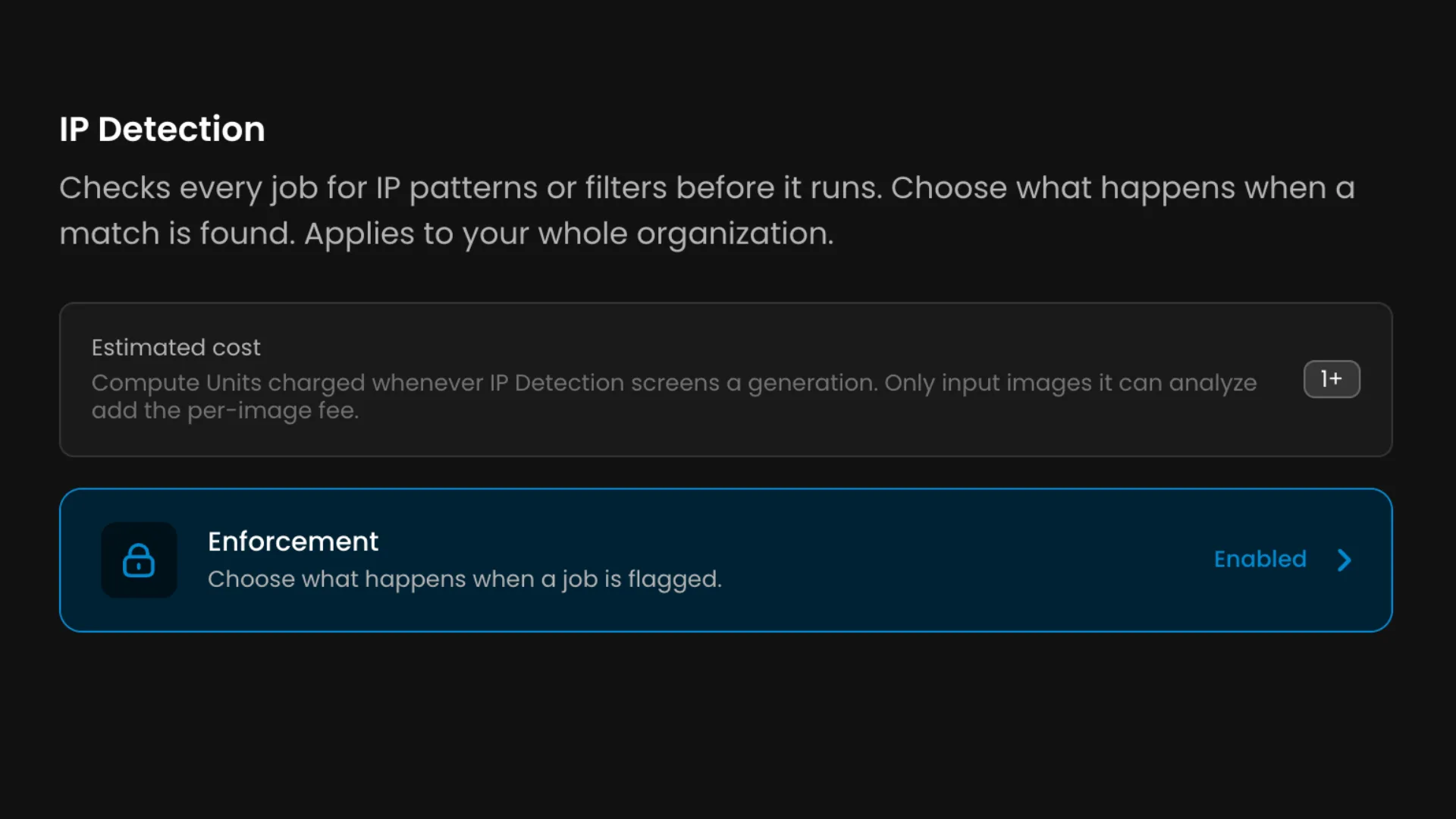 IP Detection settings interface showing enforcement options for screening jobs with IP patterns and filters