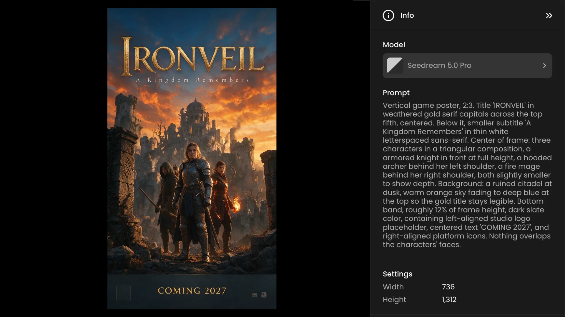 IRONVEIL fantasy game poster featuring armored knight and hooded archer with ruined citadel at dusk under golden sky, Coming 2027