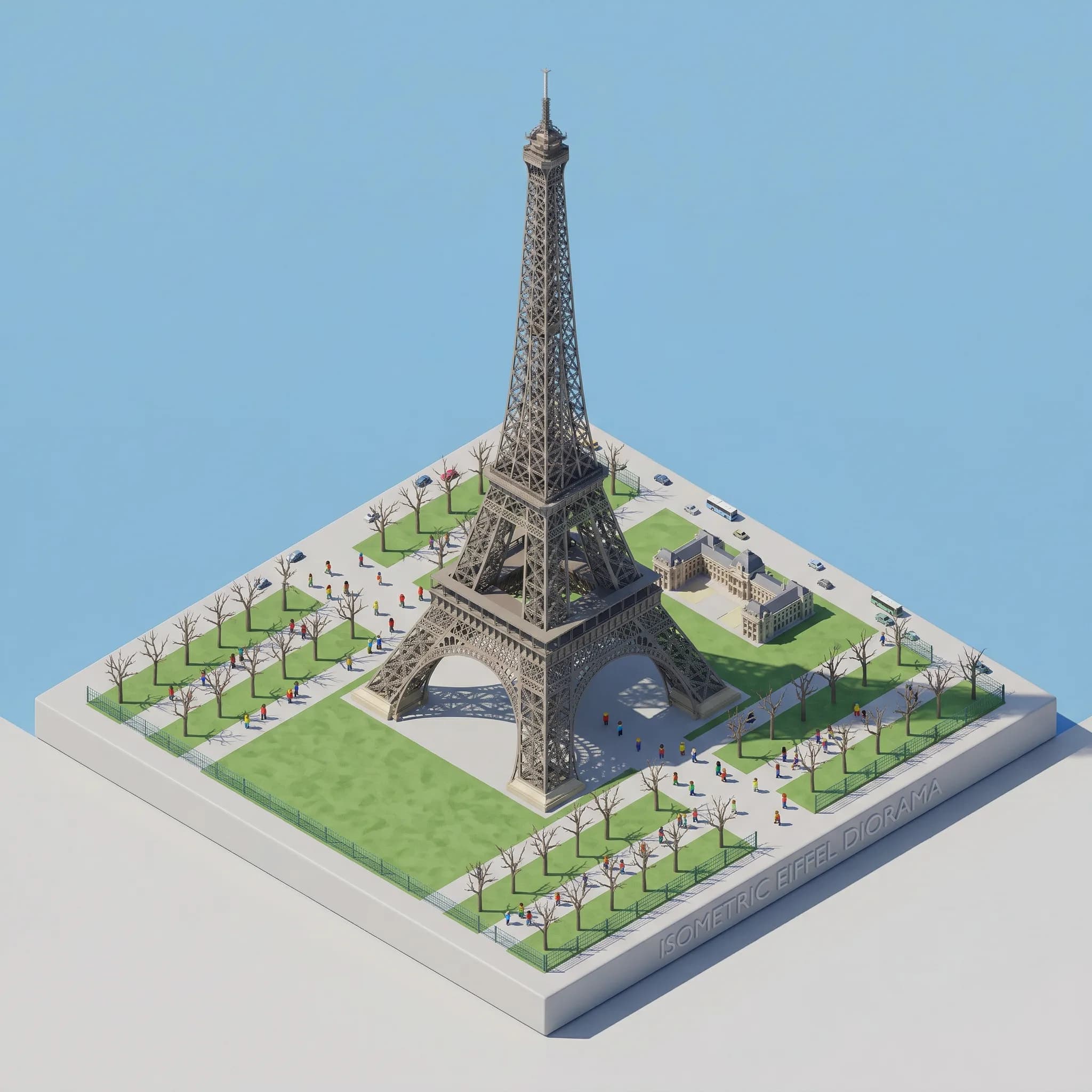 Isometric 3D illustration of the Eiffel Tower in Paris with surrounding gardens, trees, and park visitors on a blue sky background