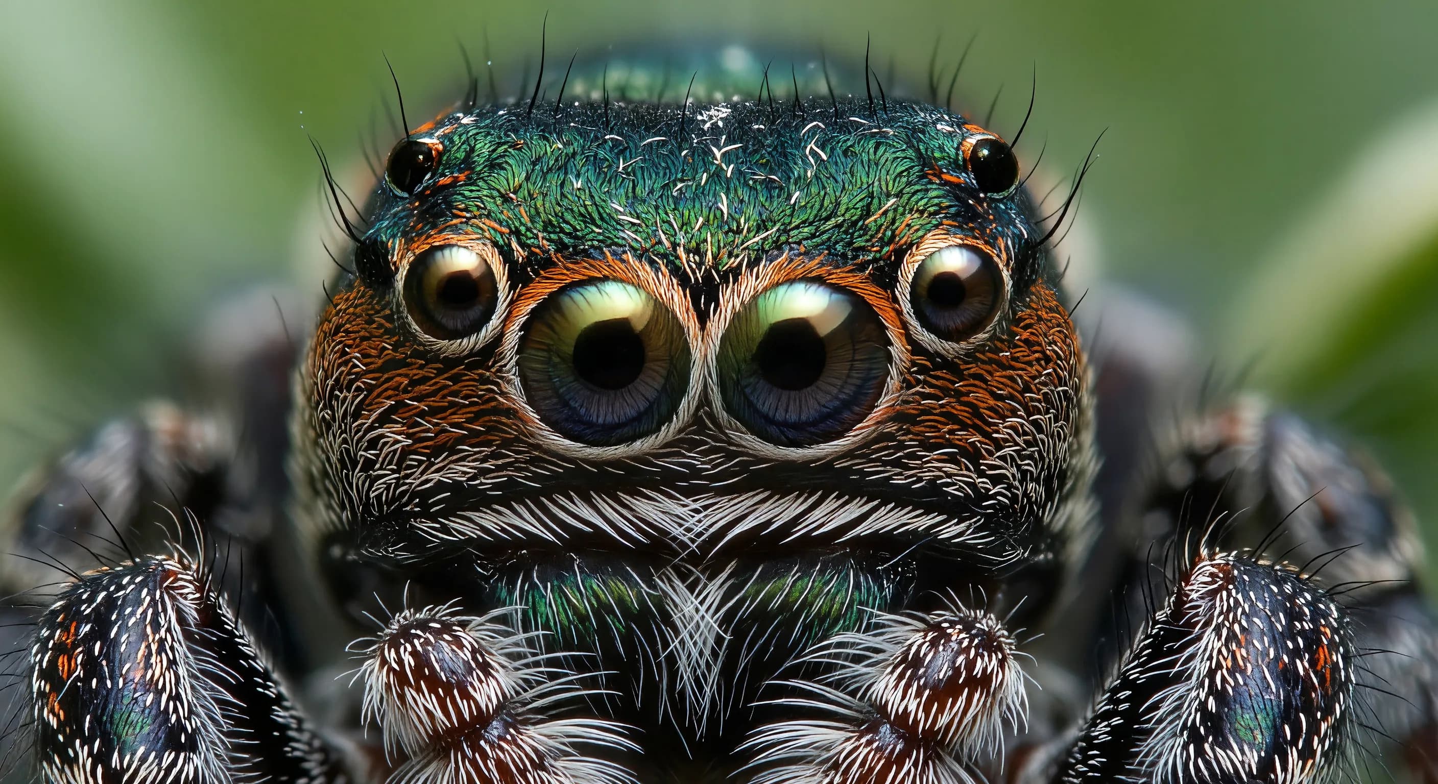 a close up of a spider with a green and orange face