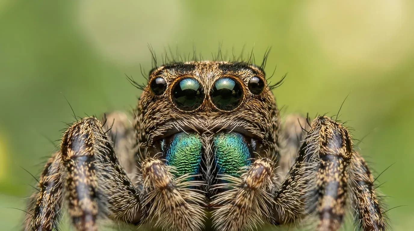 a close up of a spider with a green eye and a green nose