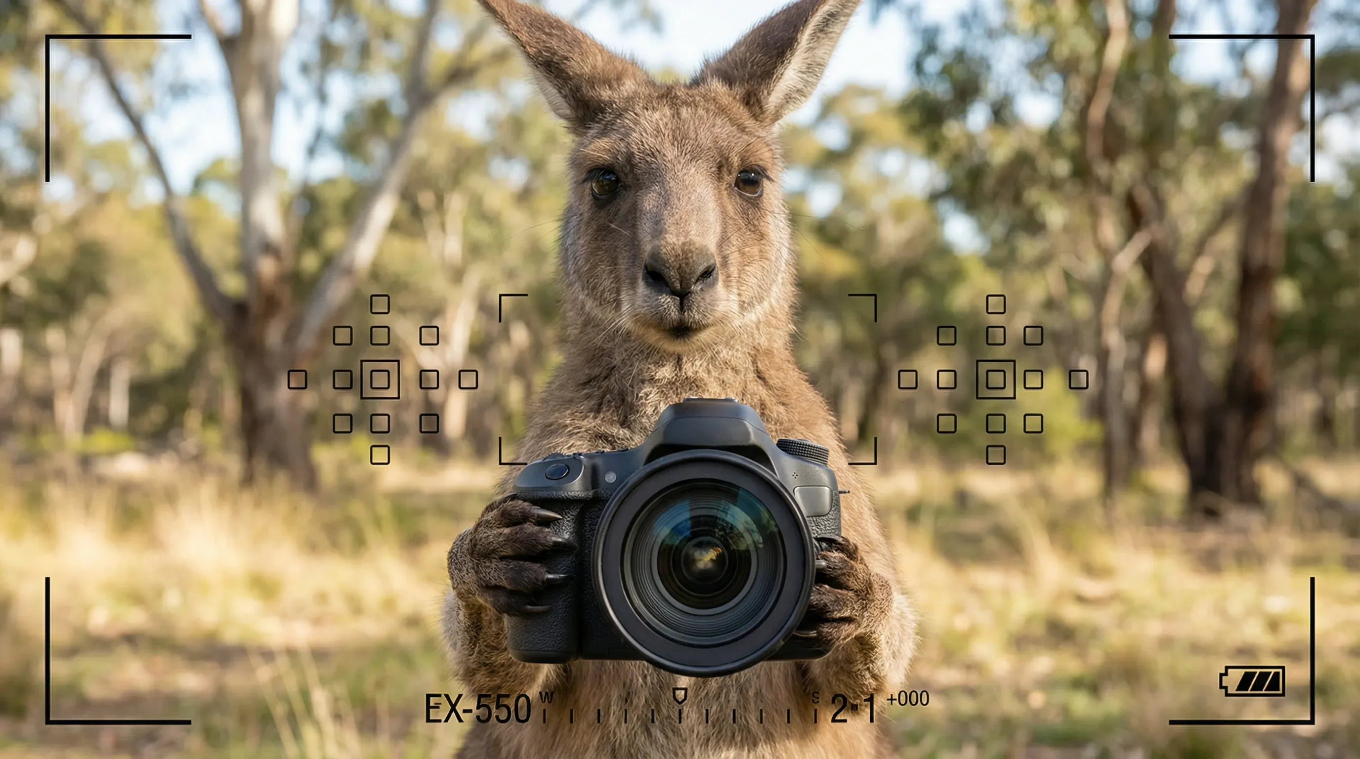 there is a kangaroo that is holding a camera in its hand
