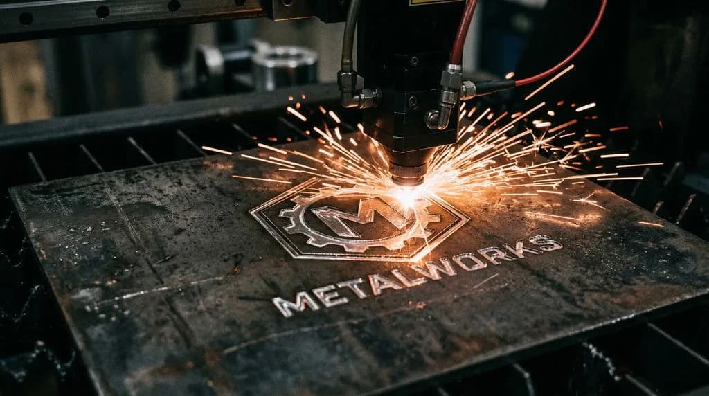 Laser cutter engraving metalworks logo on dark metal plate with bright sparks and precision cutting