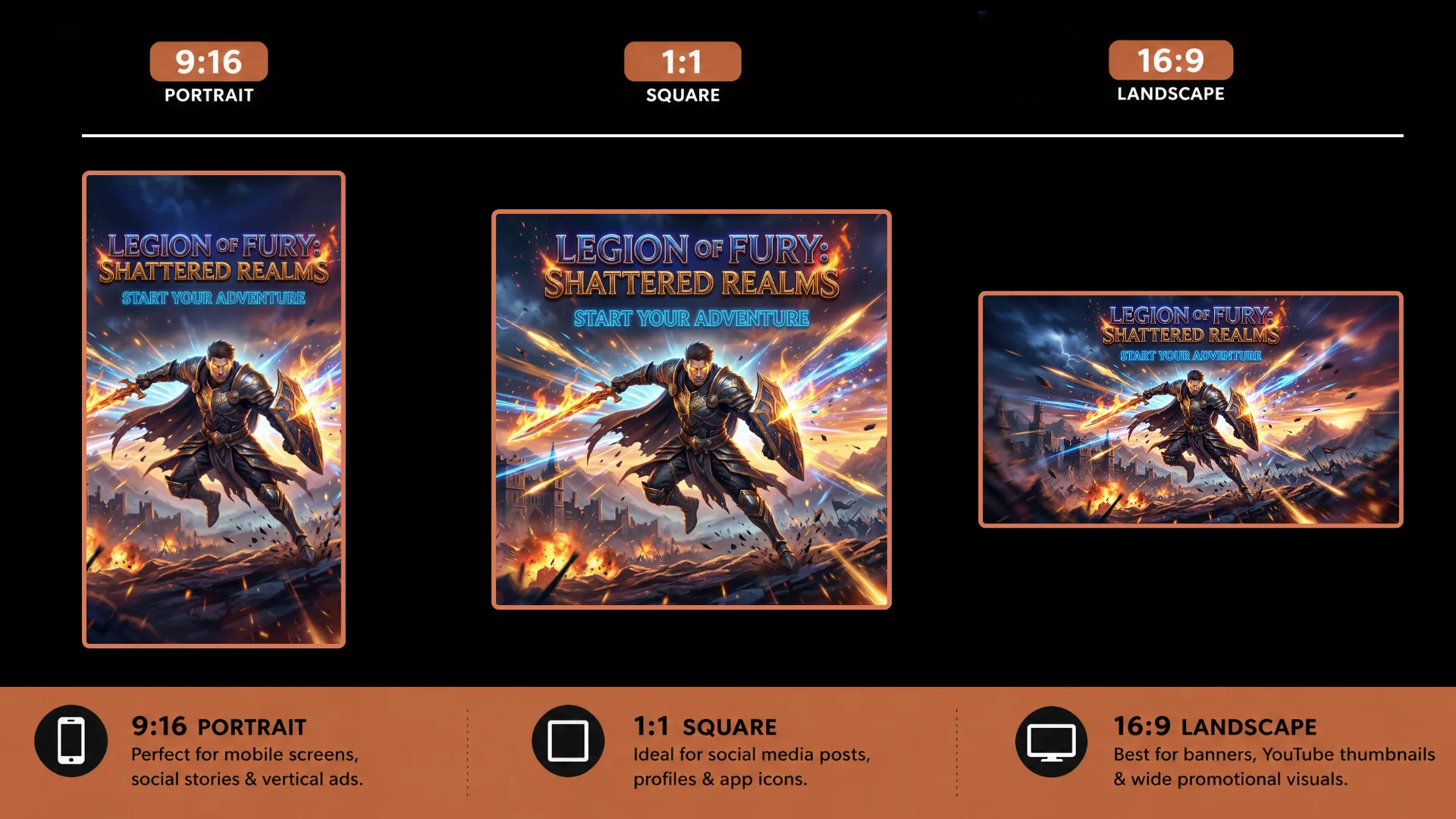 Legion of Fury Shattered Realms fantasy game artwork showing armored warrior in three aspect ratios: 9:16 portrait, 1:1 square, and 16:9 landscape formats with fiery battle scene background