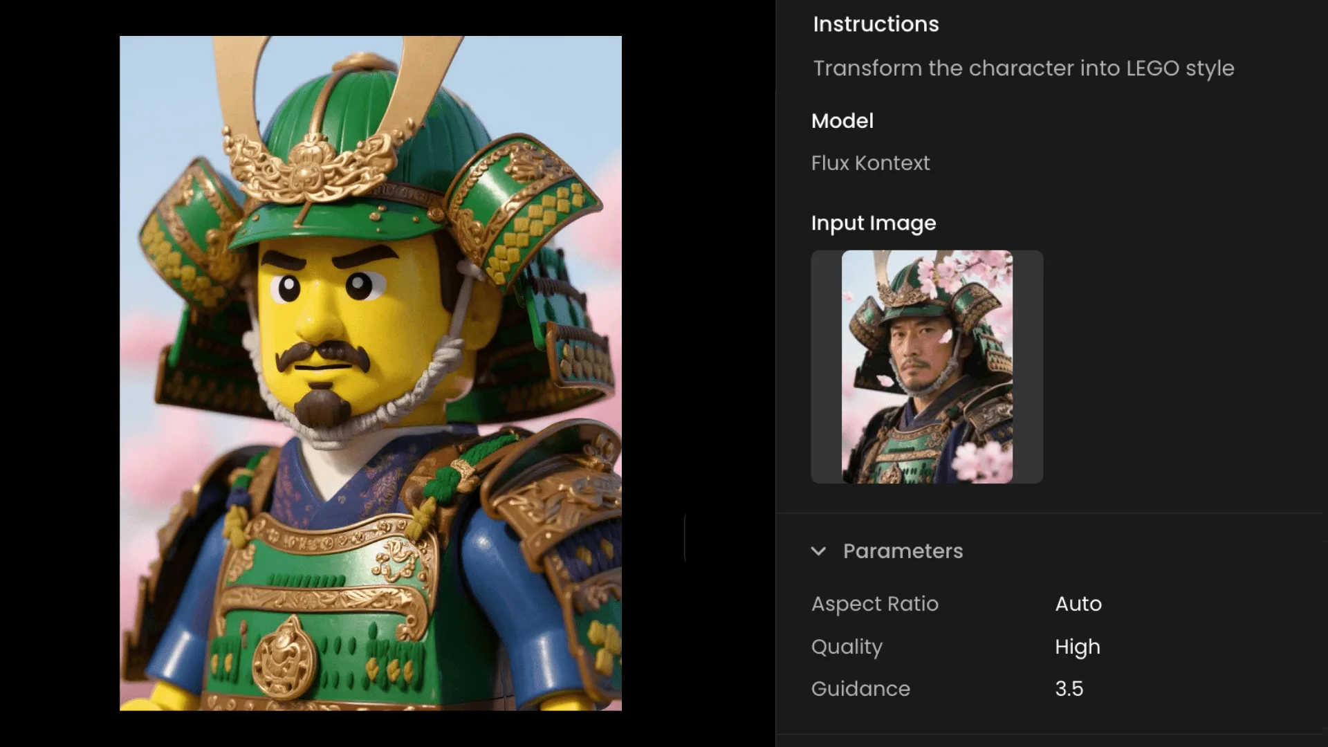 Scenario Interface Showing Character Transformation to Lego Style with Flux Kontext